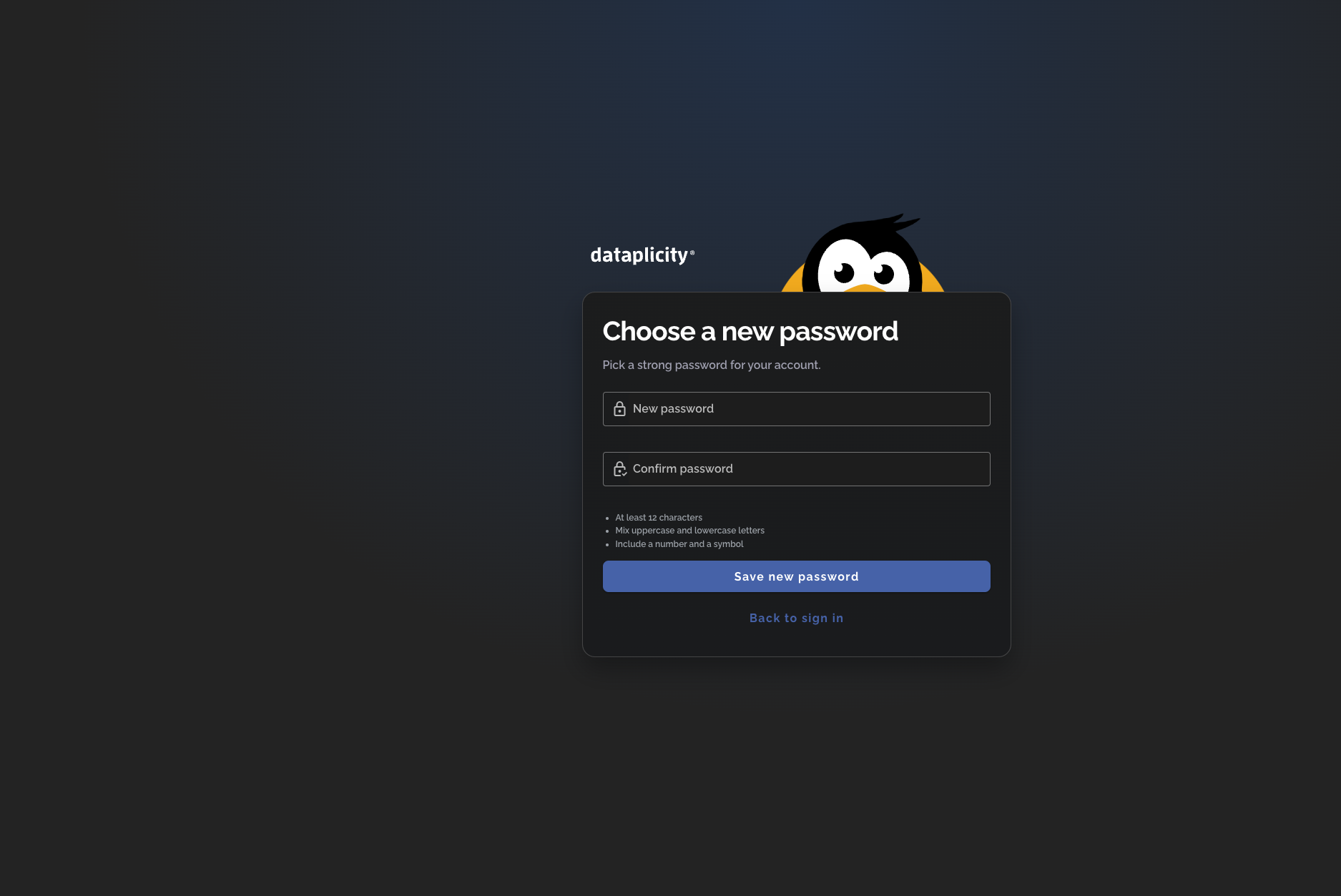 Dataplicity new-password form with New password and Confirm password fields and password requirements