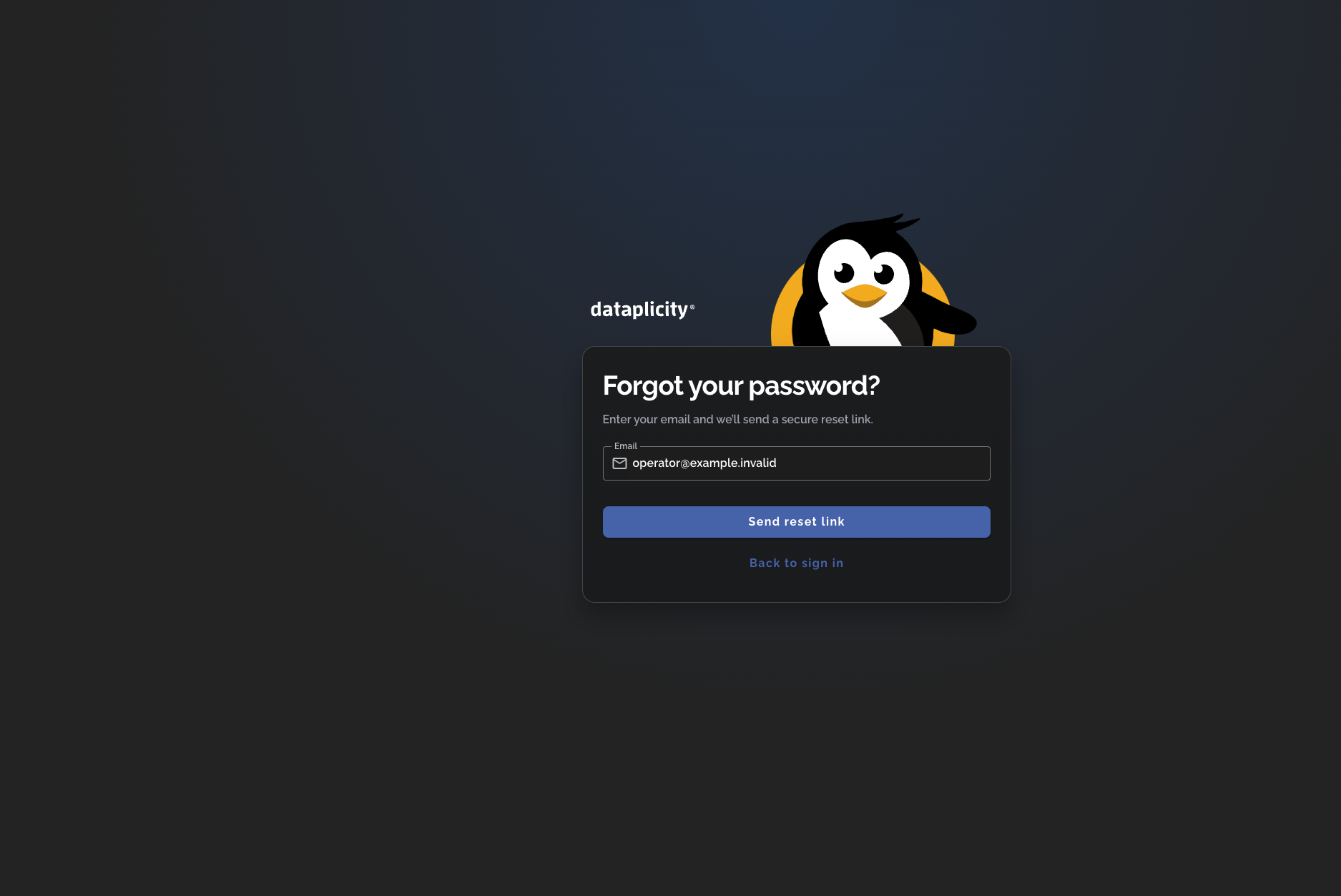 Dataplicity password-reset request page showing a fake email address and the Send reset link button