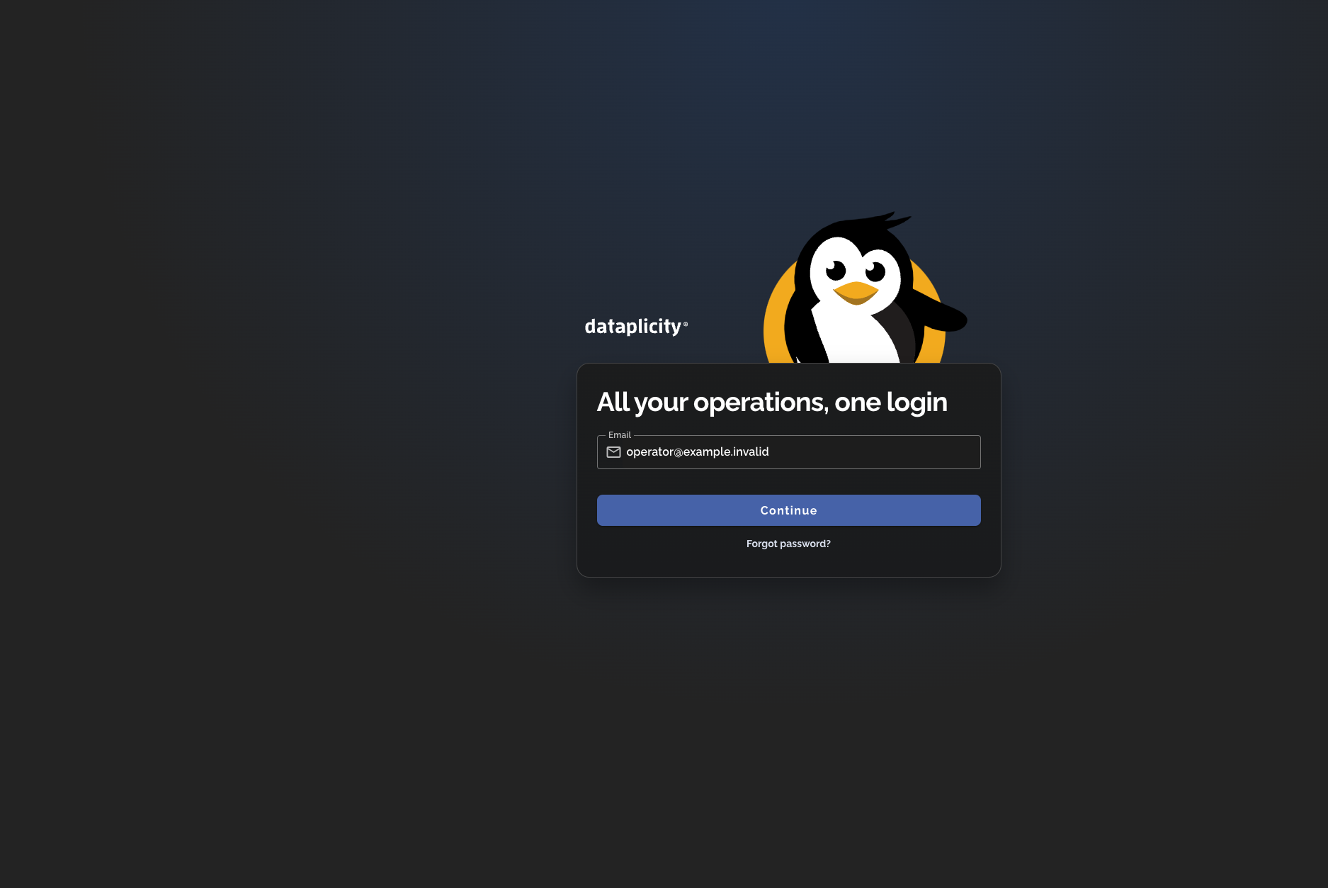 Dataplicity browser login page showing a fake email address, Continue button, and Forgot password link