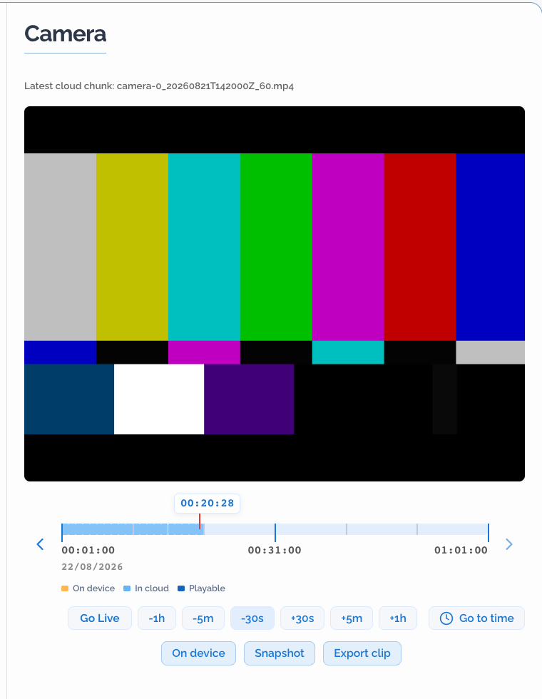Camera player showing a test pattern, cloud recording timeline, Go Live, scrub controls, Snapshot, and Export clip