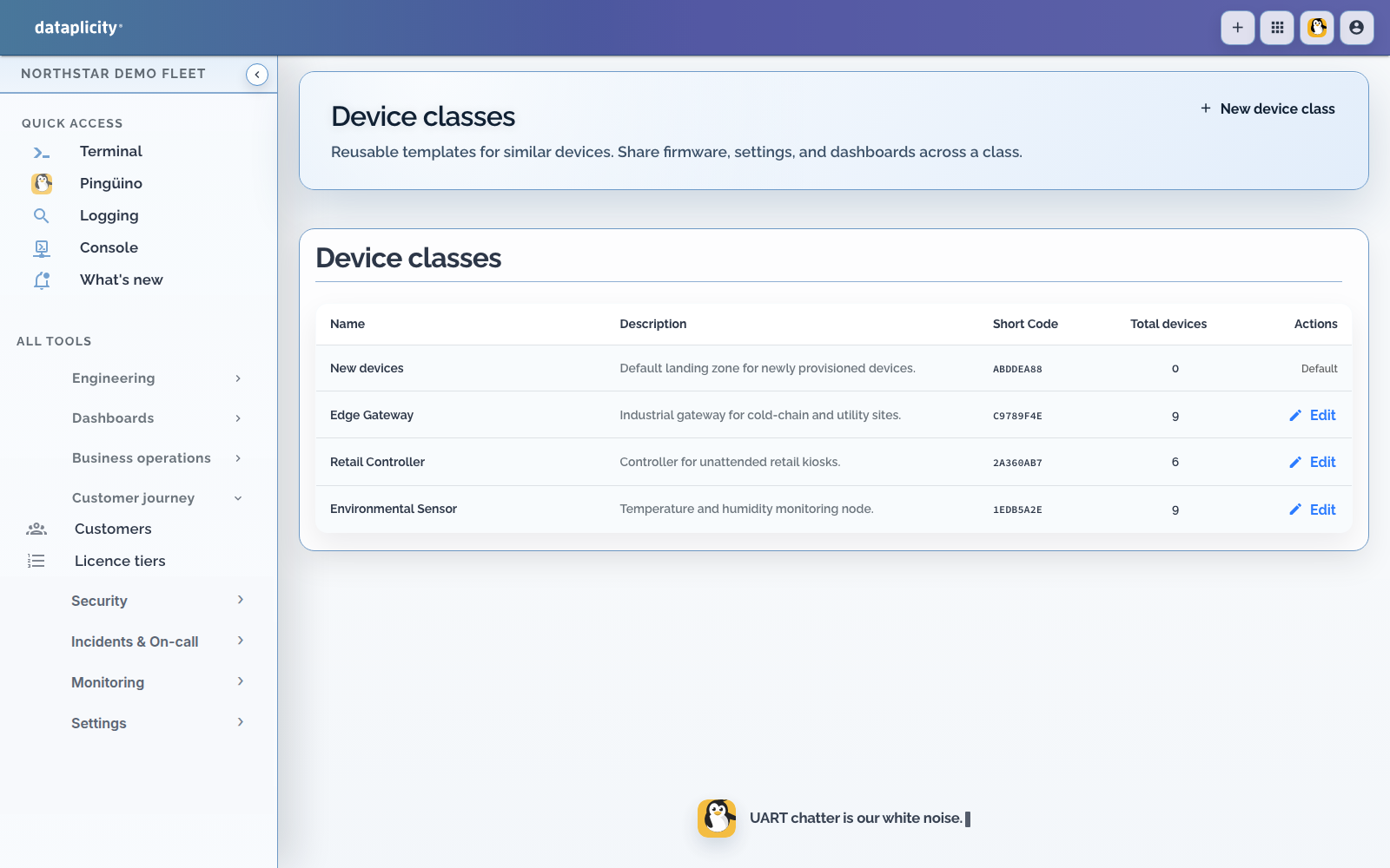 Engineering Device classes list with New device class action