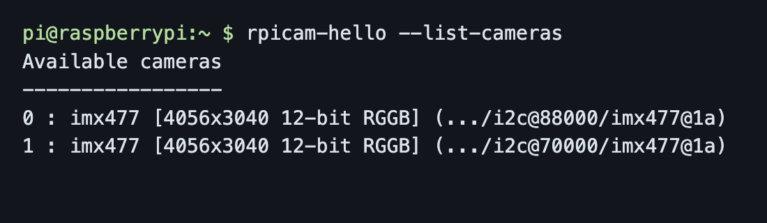 Terminal output of rpicam-hello --list-cameras showing two imx477 HQ cameras