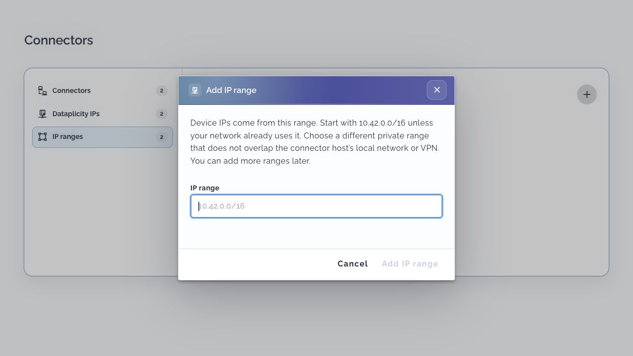 Add IP range dialog explaining how to choose a range that avoids the connector host's local networks and VPN