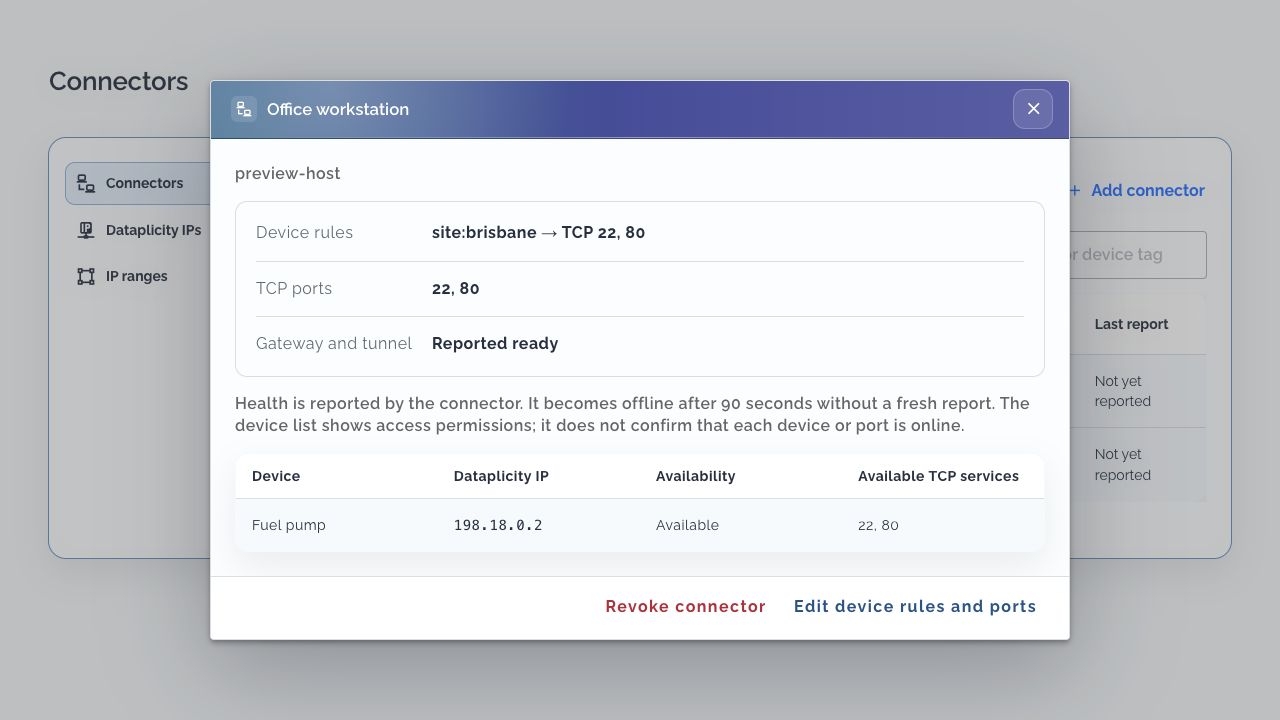Connector detail dialog showing gateway and tunnel readiness, permitted TCP services and the distinction between permission and device reachability