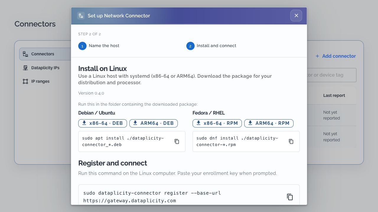 Install and connect step with Debian and RPM downloads, installation commands, registration command