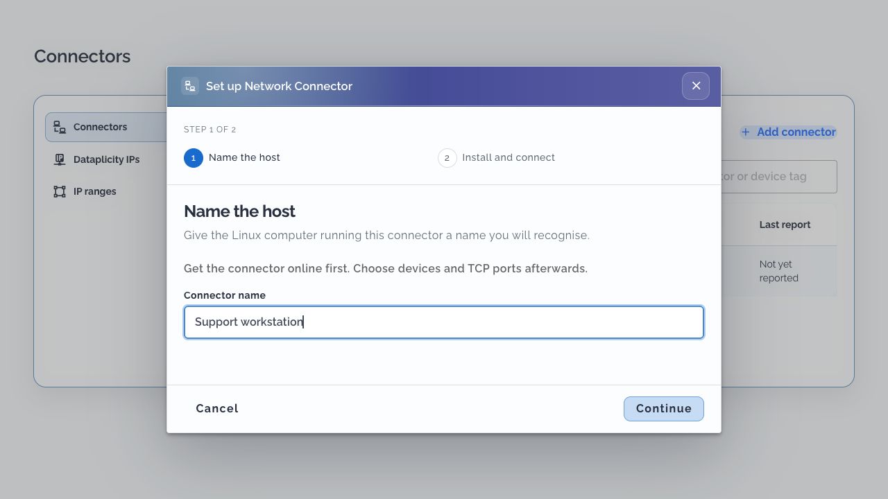 Name the host step with Support workstation entered and a note to configure device access after connecting