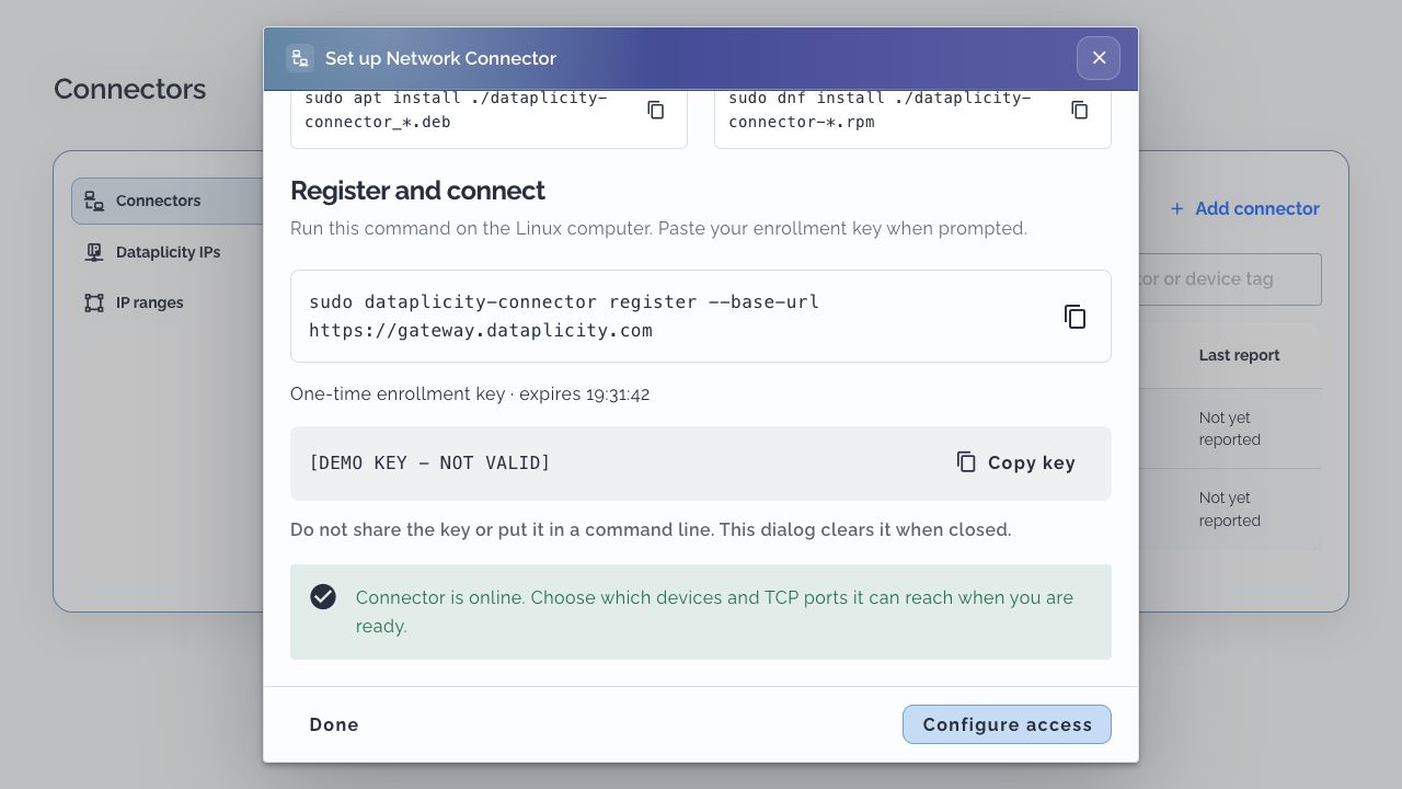 Registration section showing a one-time invalid demo key, online confirmation and Configure access button