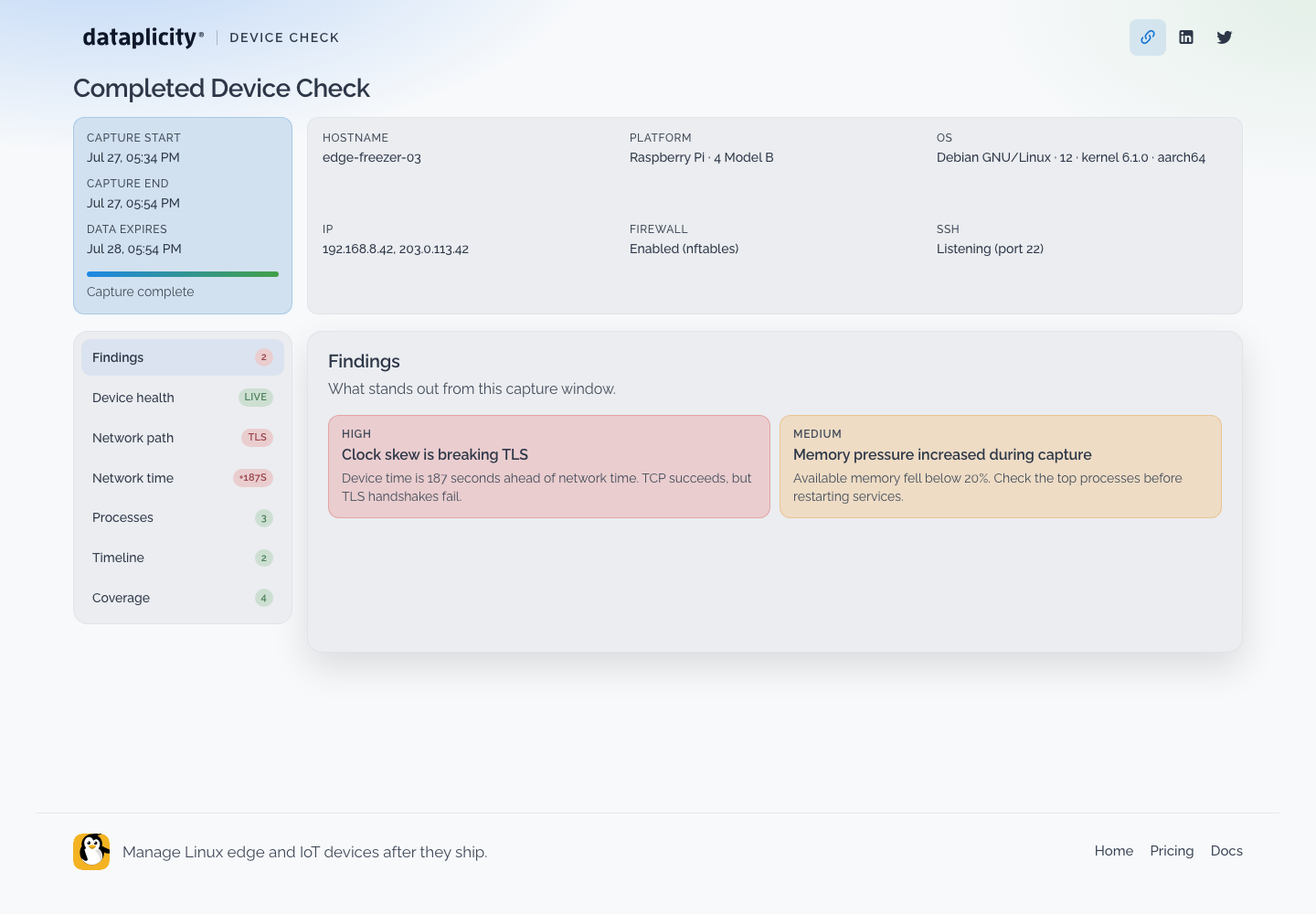 Completed Device Check report showing device facts, capture timing, prioritised findings, and navigation for health, network, time, processes, timeline, and coverage