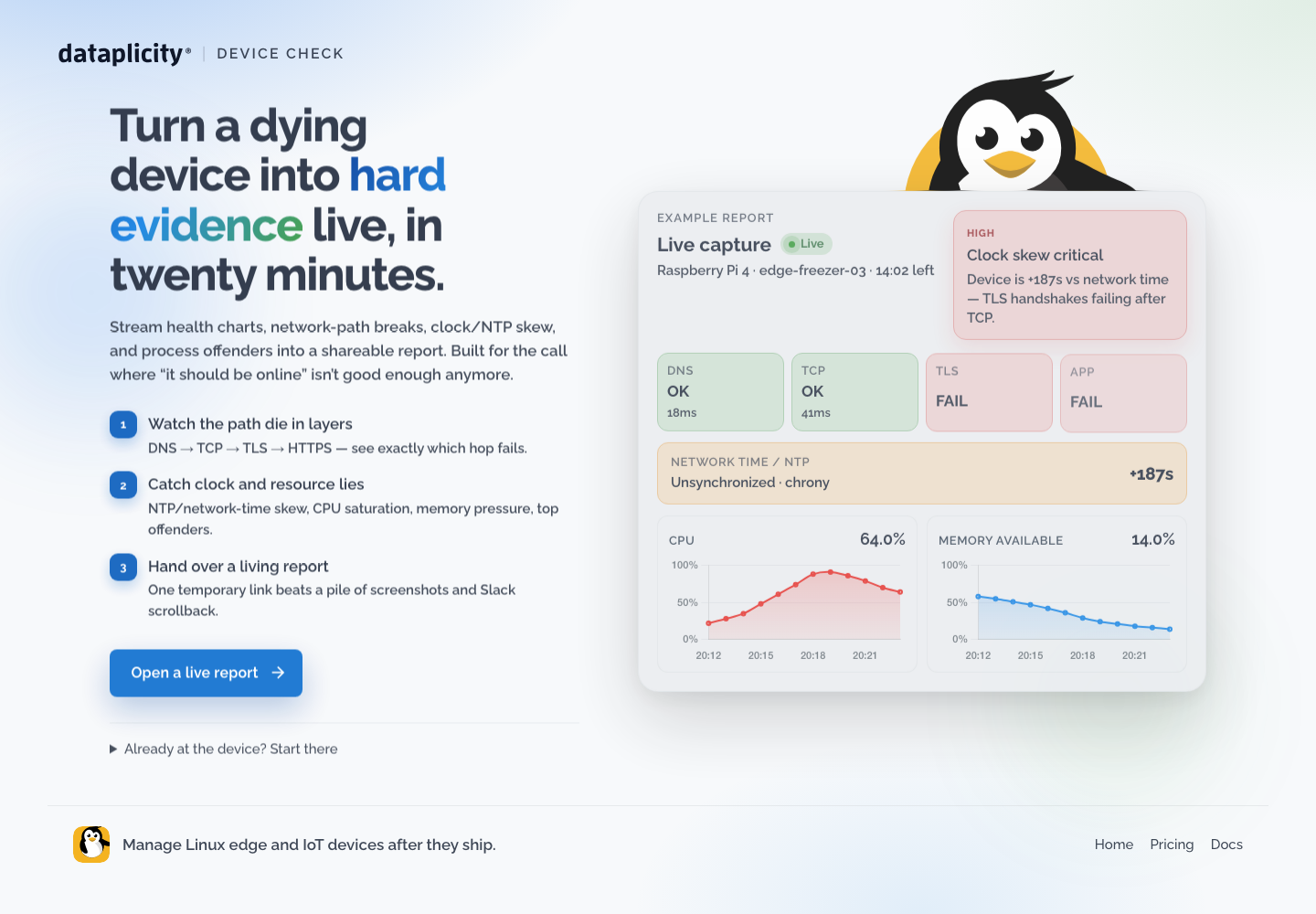 Device Check start page with a live report preview showing network path, clock skew, CPU, and available memory