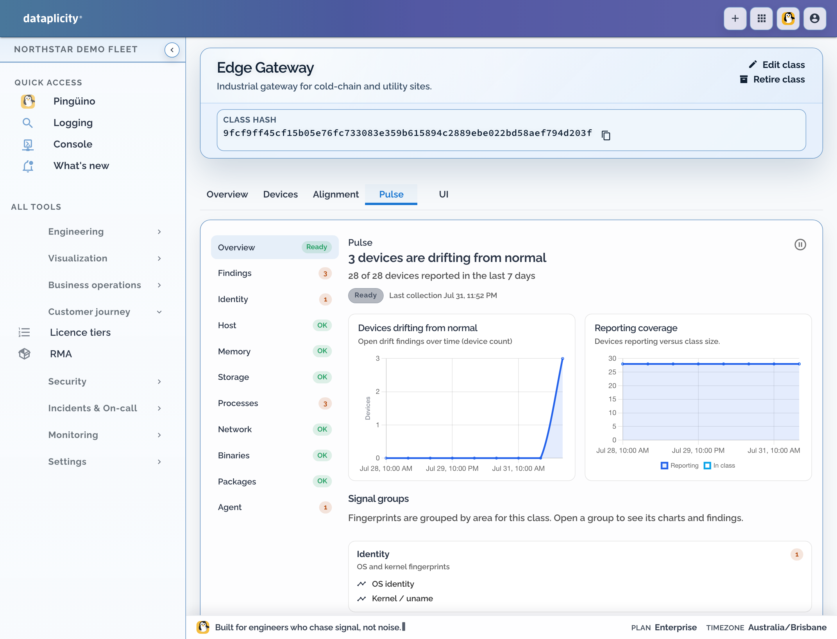 Pulse workspace for a Northstar Edge Gateway class showing three devices drifting from normal, drift and coverage charts, and signal groups such as Identity, Processes, and Agent