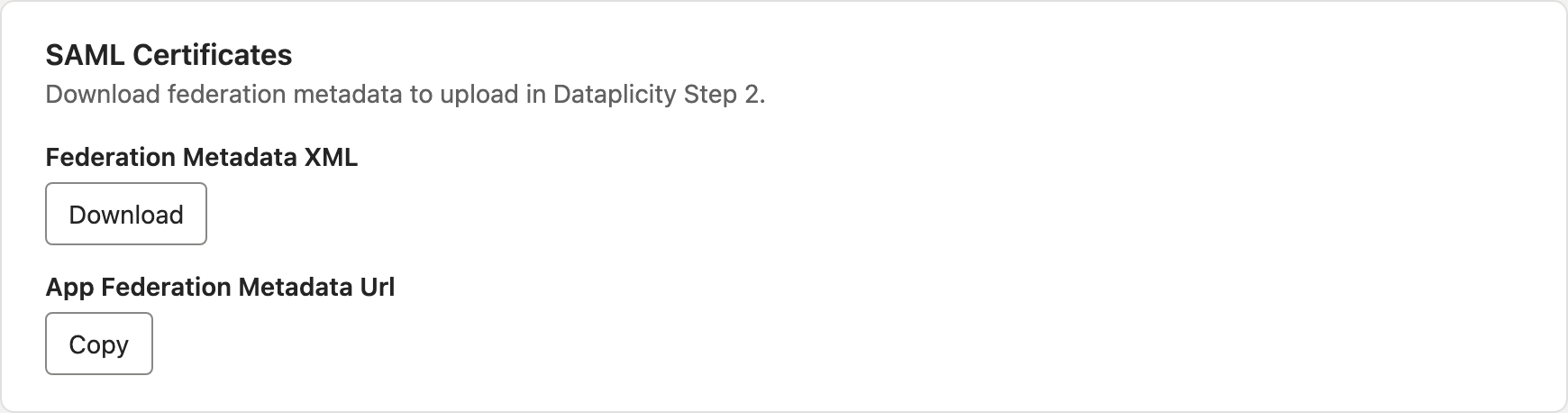 SAML Certificates cutout with Federation Metadata XML download and metadata URL copy actions