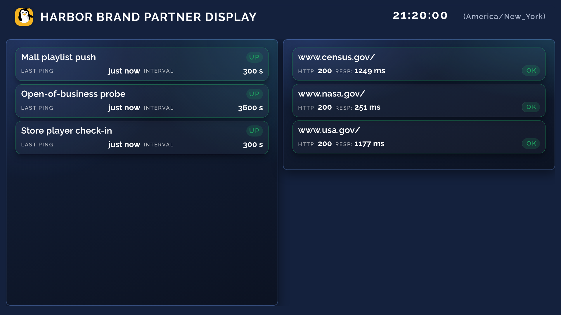 Harbor Brand Partner Display with New York open-hours clock, store player heartbeats, and player endpoint monitors