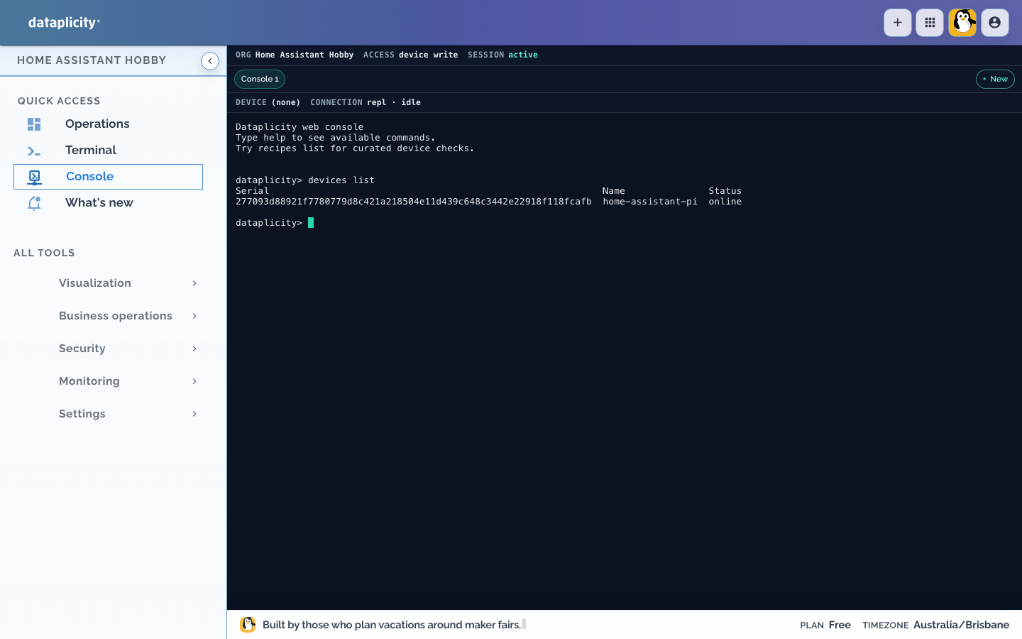 Dataplicity free-plan console listing one online device named home-assistant-pi