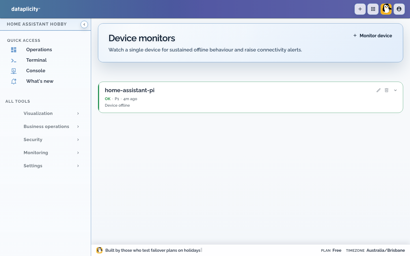 Dataplicity free-plan device monitors page with one Home Assistant offline monitor showing OK