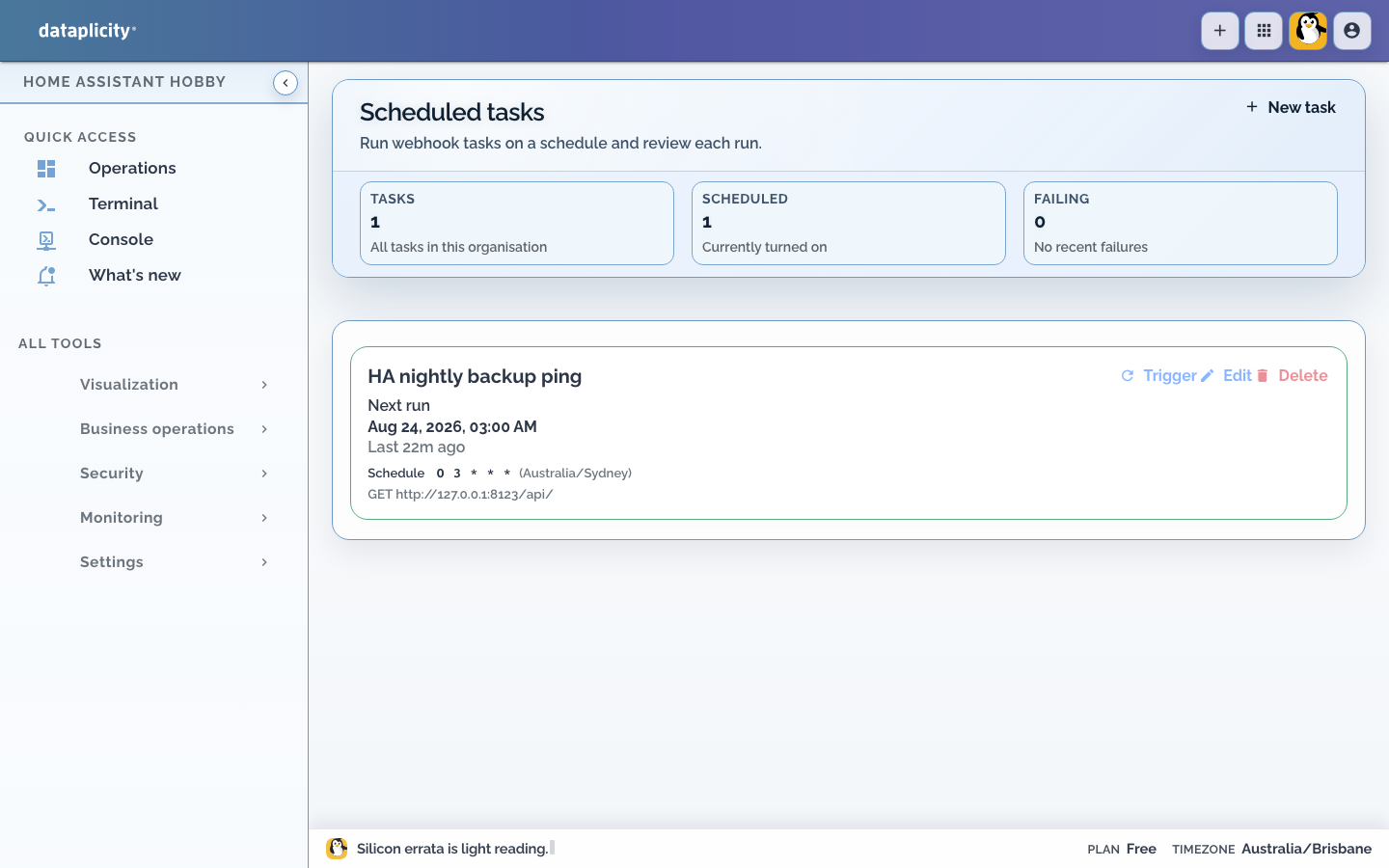 Dataplicity free-plan scheduled tasks with one HA nightly backup health check