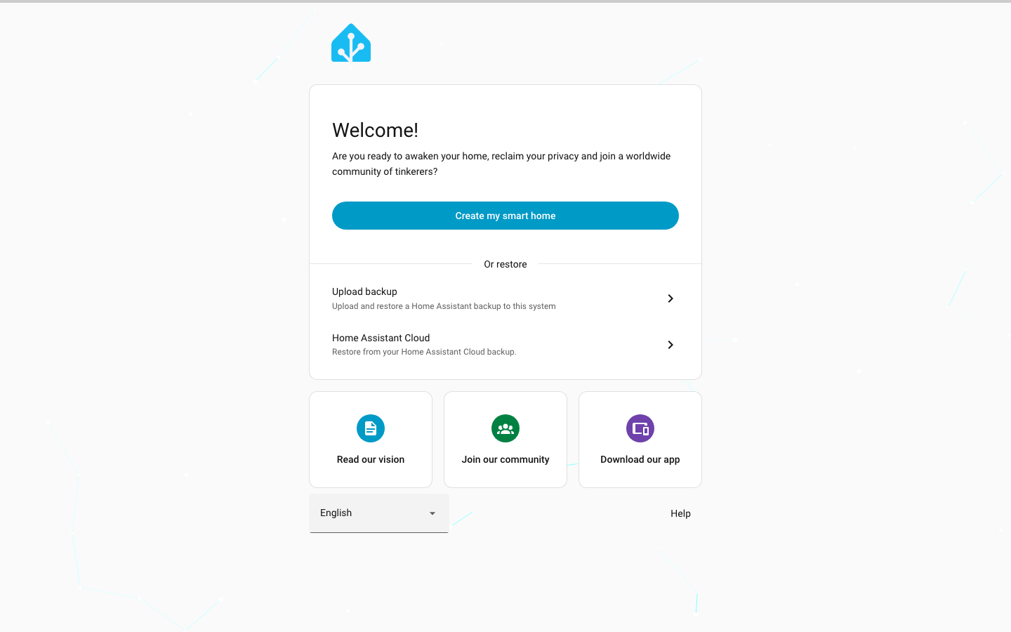 Home Assistant welcome screen opened through the Wormhole HTTPS URL