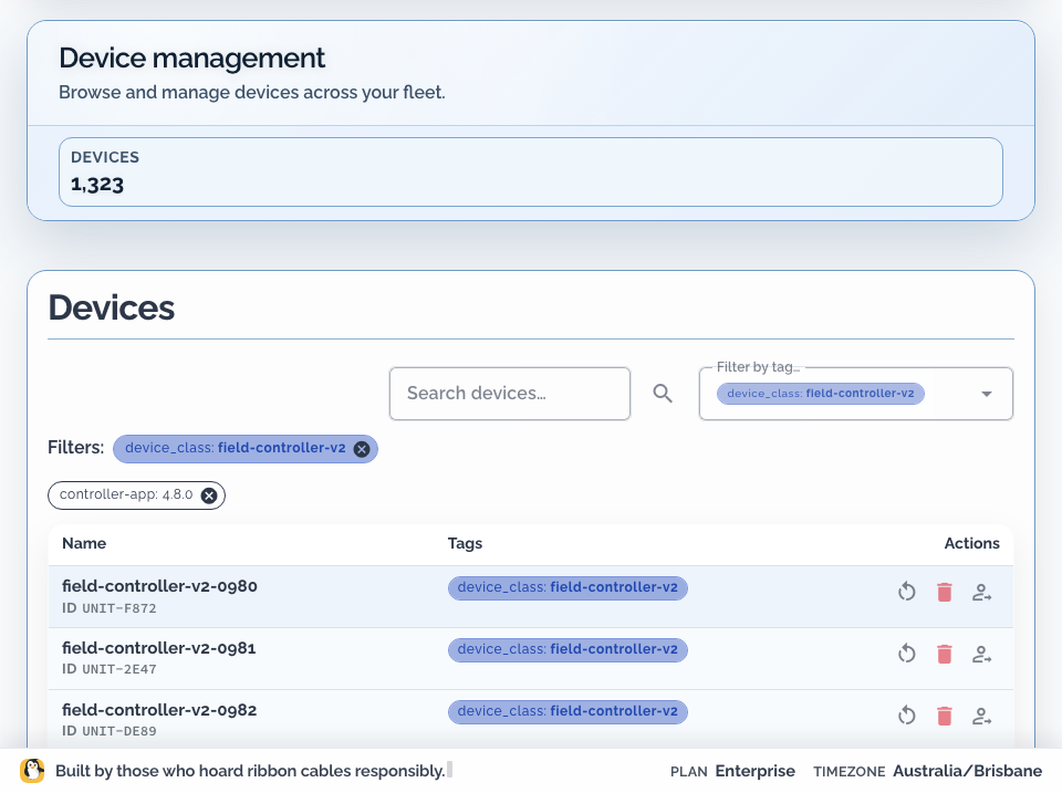 Device management filtered to Field Controller V2 devices running controller application version 4.8.0