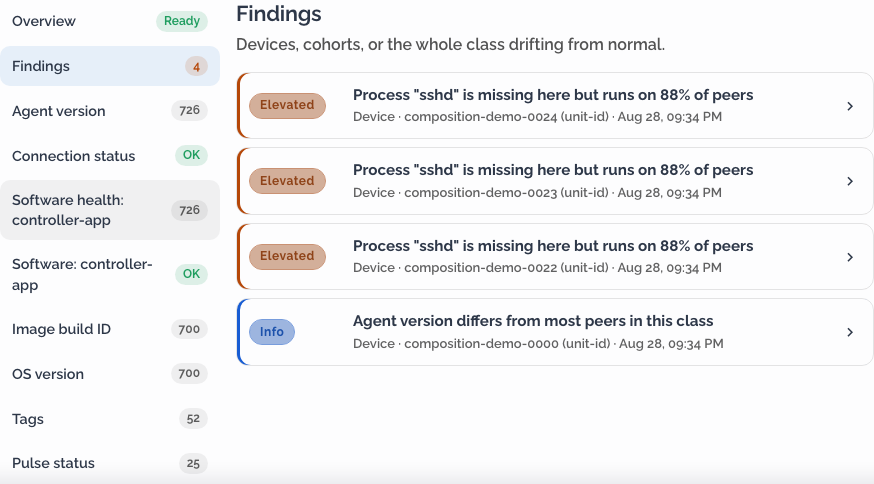 Pulse findings listing missing peer processes and an unusual agent version in the Field Controller V3 class