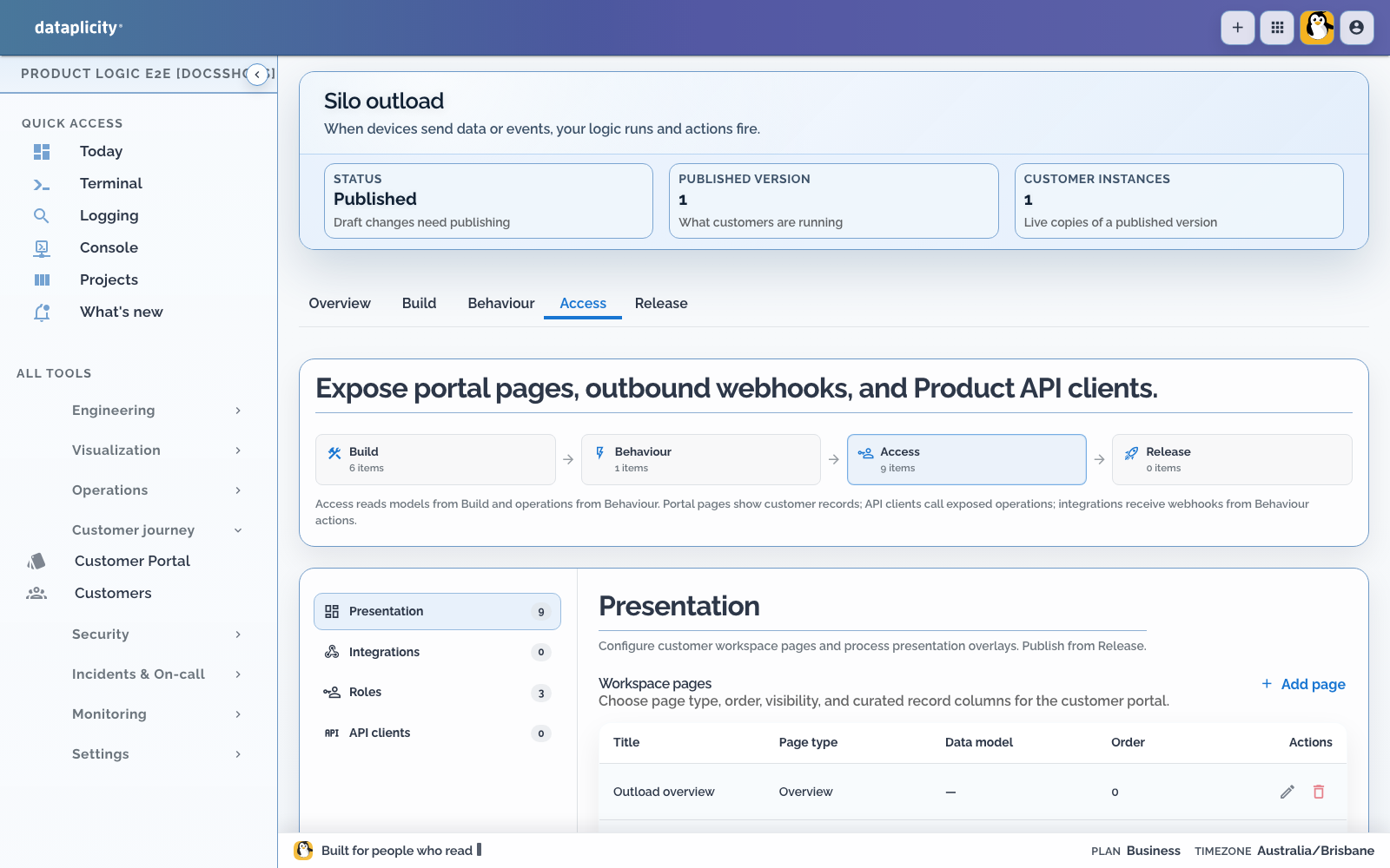 Silo outload Access Presentation section showing nine configured workspace pages and the page type, data model, order, and edit controls