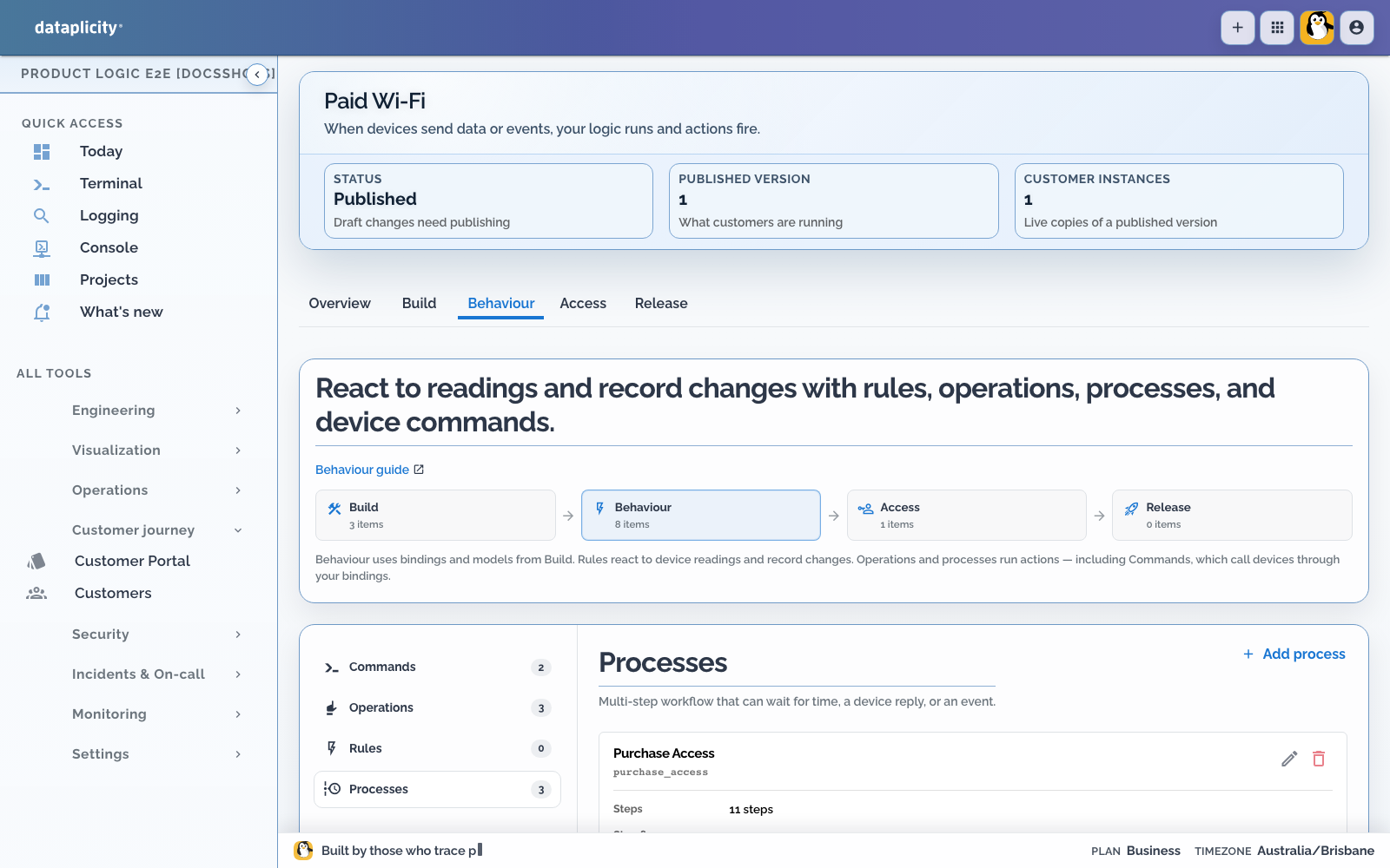 Paid Wi-Fi Behaviour route with Processes selected and three authored Processes listed with their keys and step counts