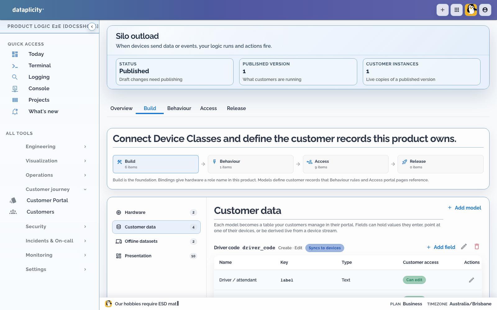 Routed Silo outload Build Customer data section showing four separate record models and the fields of the Driver code model