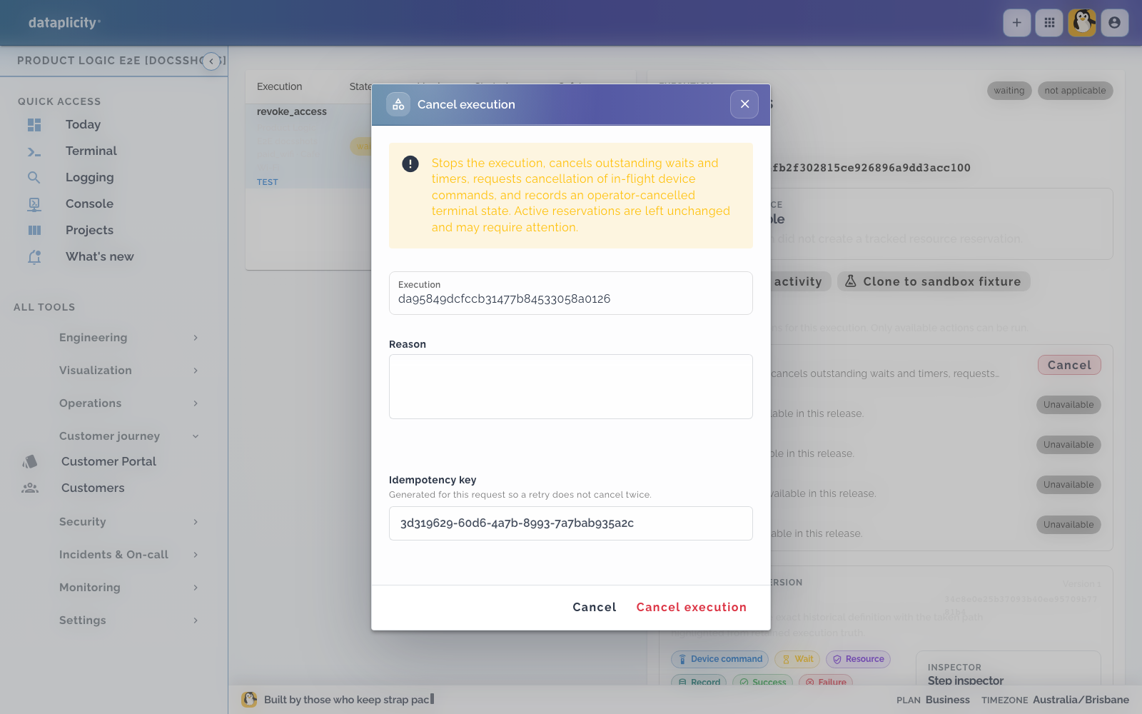 Cancel execution confirmation for a waiting Paid Wi-Fi run showing the consequence warning, execution identifier, required reason, and generated idempotency key