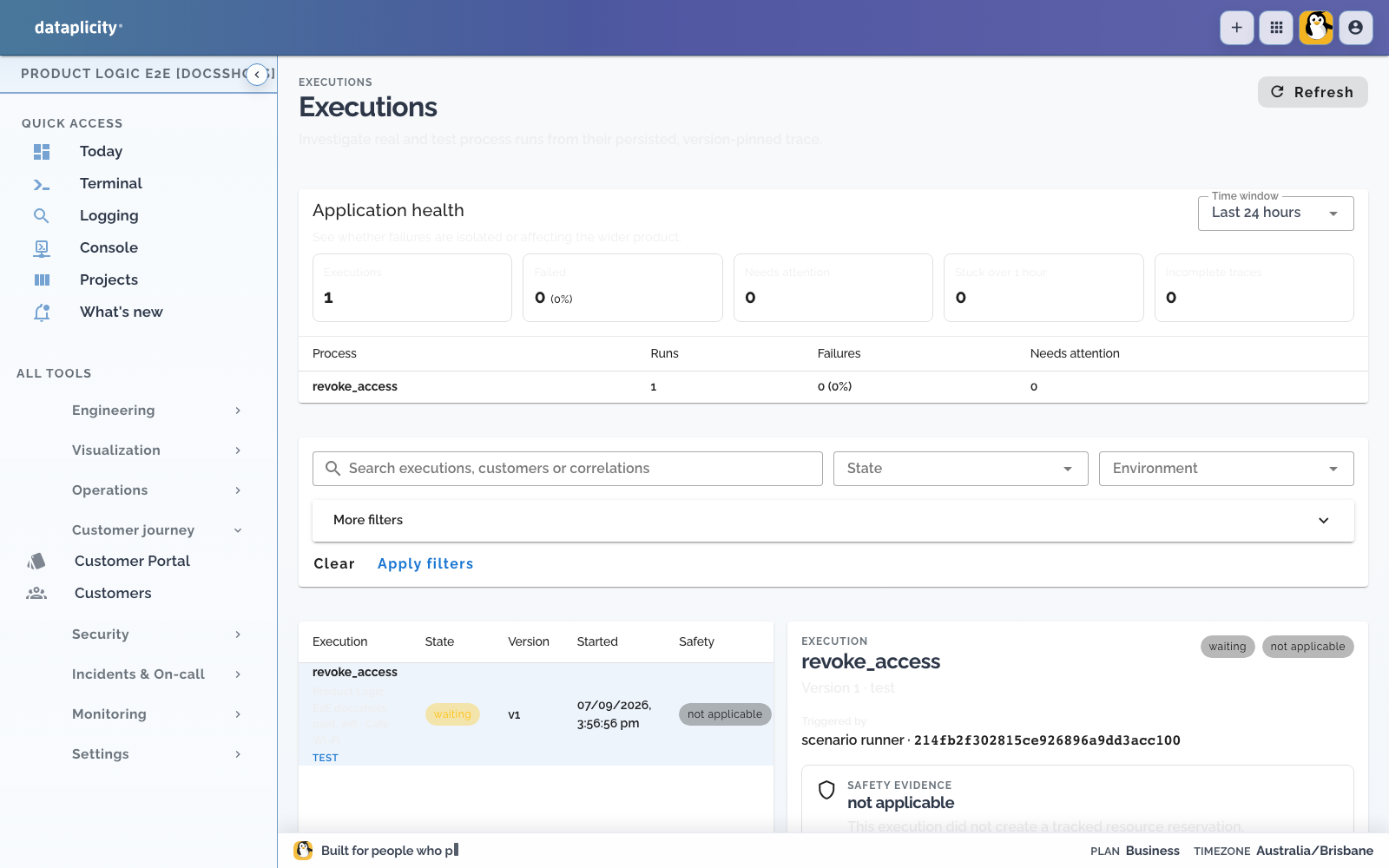 Paid Wi-Fi Executions route showing the 24-hour health summary, Process failure rate, filters, and a selected waiting test execution