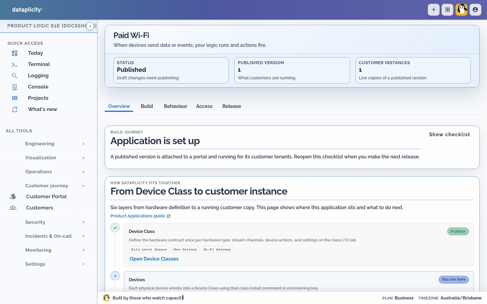Routed Paid Wi-Fi Application Overview showing published status, version 1, one customer instance, and the completed build journey