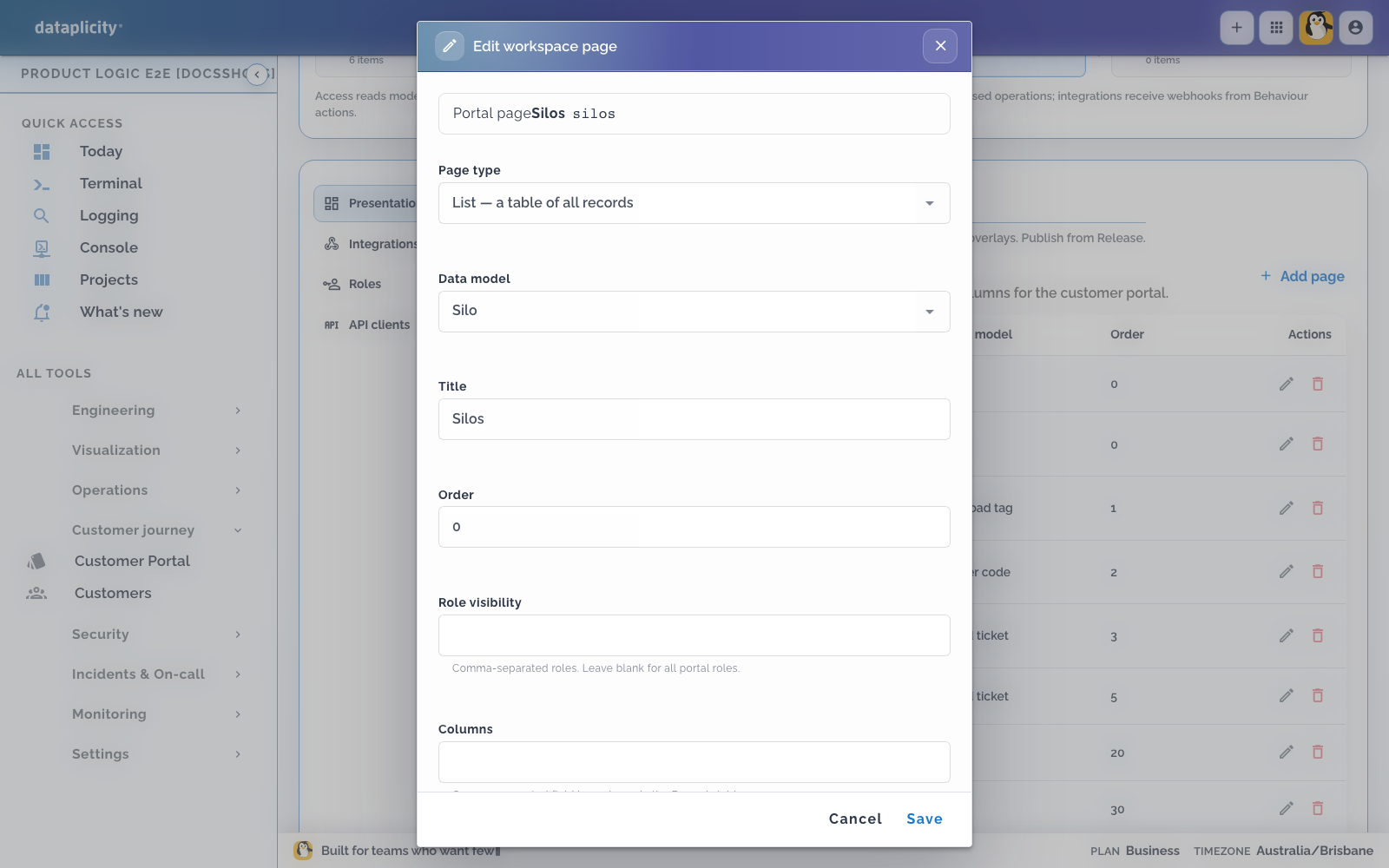 Silo outload workspace page editor showing a model-backed list page with its page type, Silo data model, title, order, role visibility, and columns fields