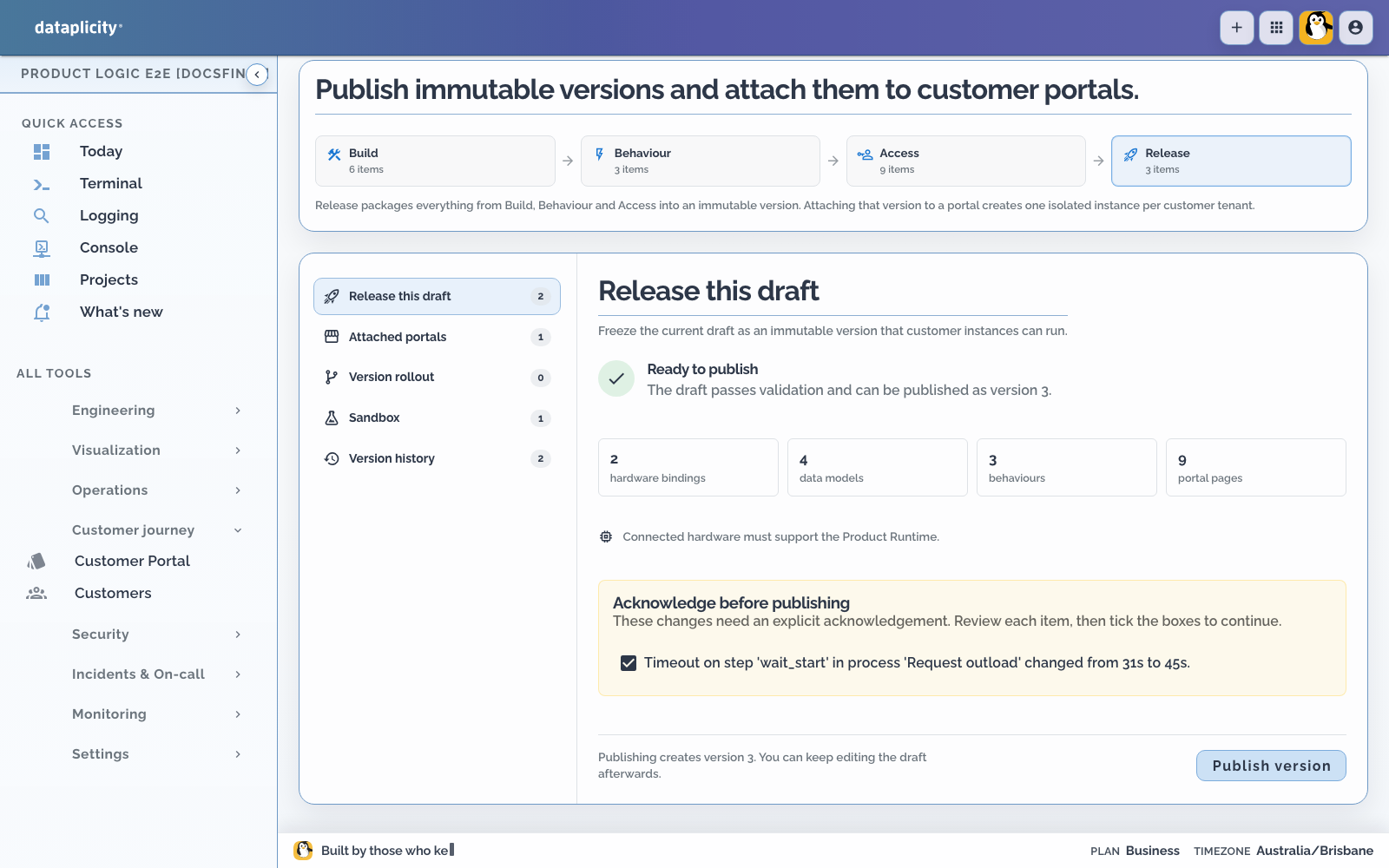 Silo outload Release screen showing an acknowledged warning that the wait-start Process timeout changed from 31 seconds to 45 seconds before version 3 can be published