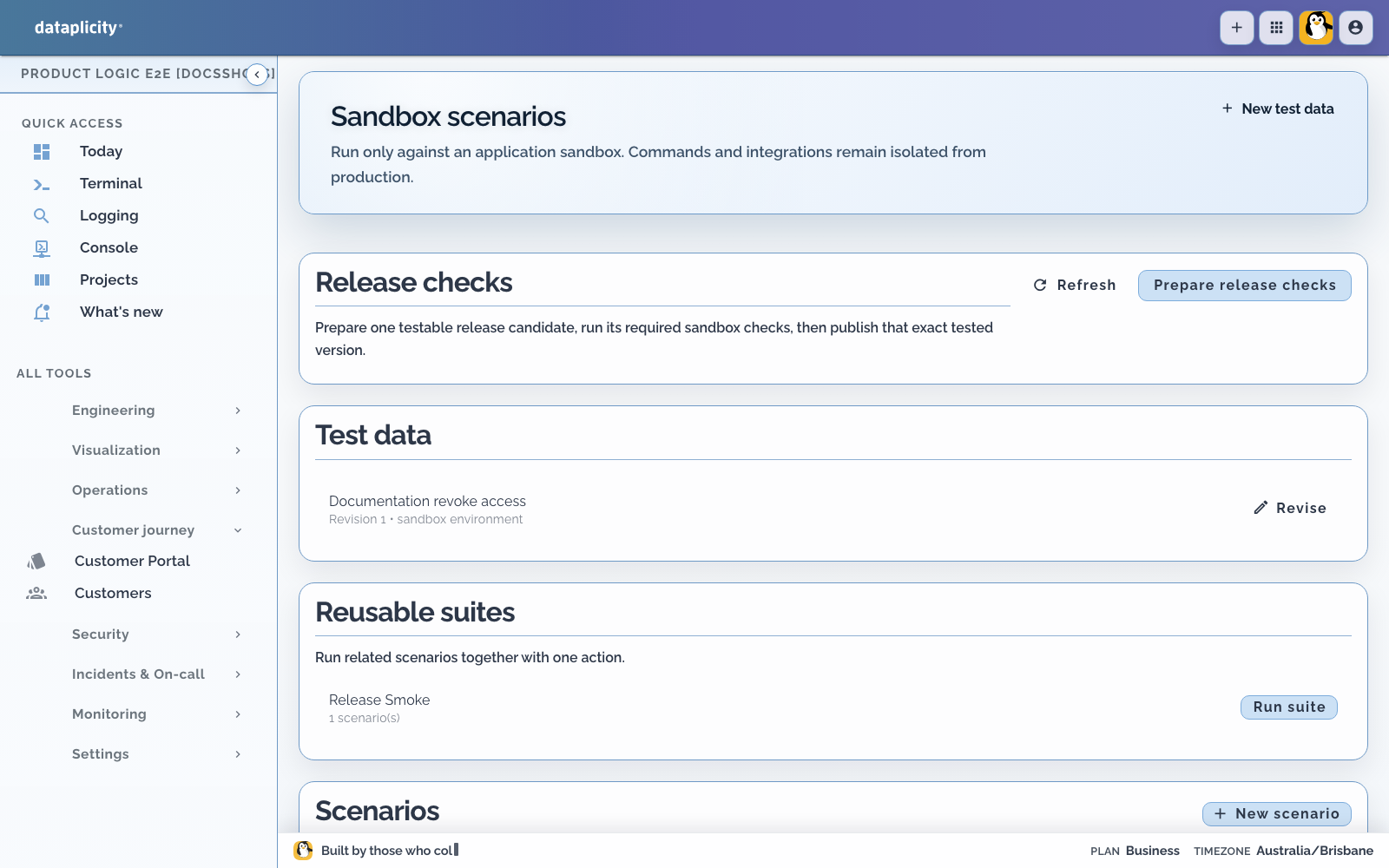 Paid Wi-Fi Scenarios route showing release checks, the Documentation revoke access fixture, its reusable release-smoke suite, and the Scenario list