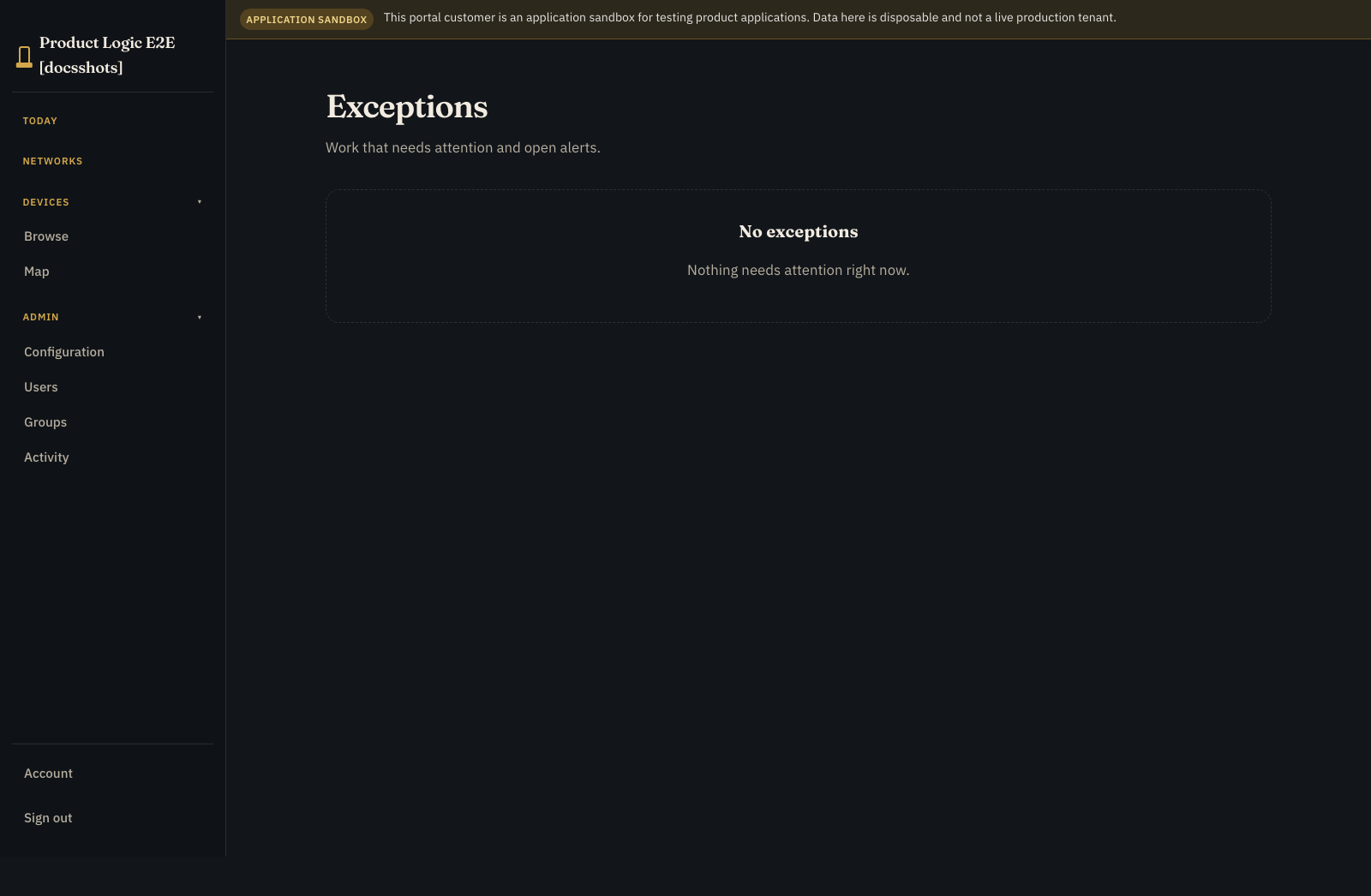 Dark customer Silo outload Exceptions page in its true empty state, stating that nothing needs attention
