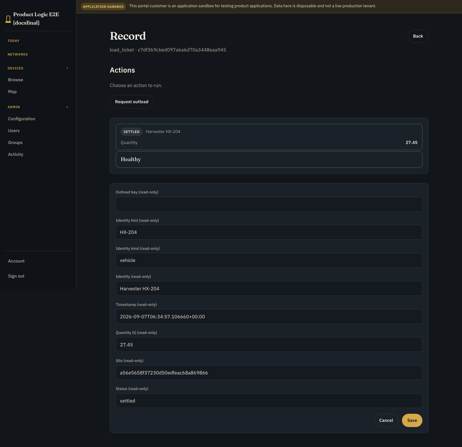 Customer Portal load ticket record showing a settled 27.45 tonne outload for synthetic vehicle Harvester HX-204 with read-only identity, timestamp, quantity, silo, and status fields