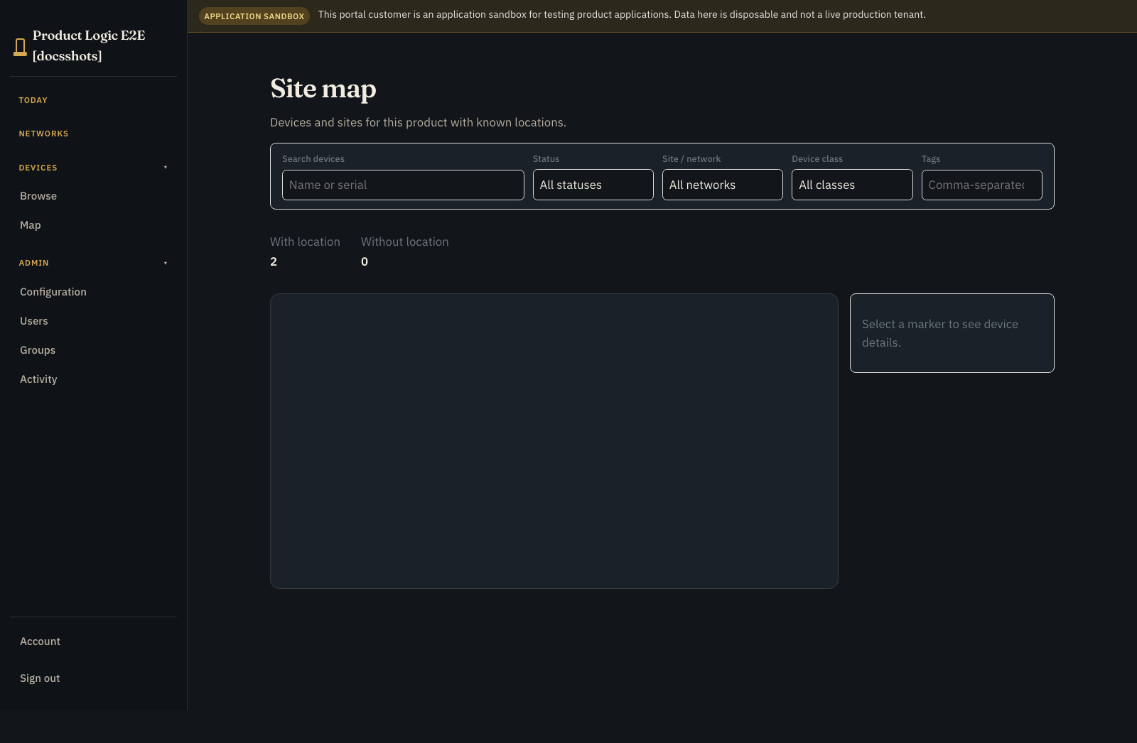 Dark customer Silo outload Site map showing filters, two devices with known locations, no devices without locations, and the marker-detail panel