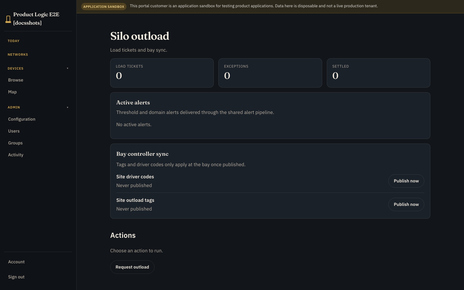 Dark customer Silo outload Overview showing zero load tickets, exceptions, and settled work, no active alerts, bay-controller publication state, and the Request outload action