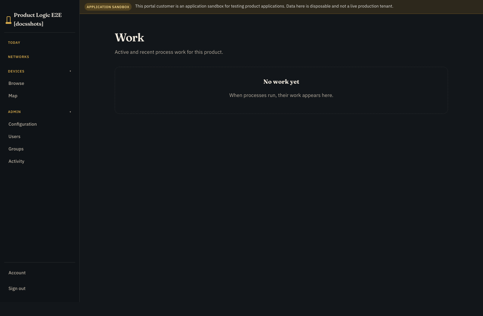 Dark customer Silo outload Work page in its true empty state, stating that process work will appear when Processes run