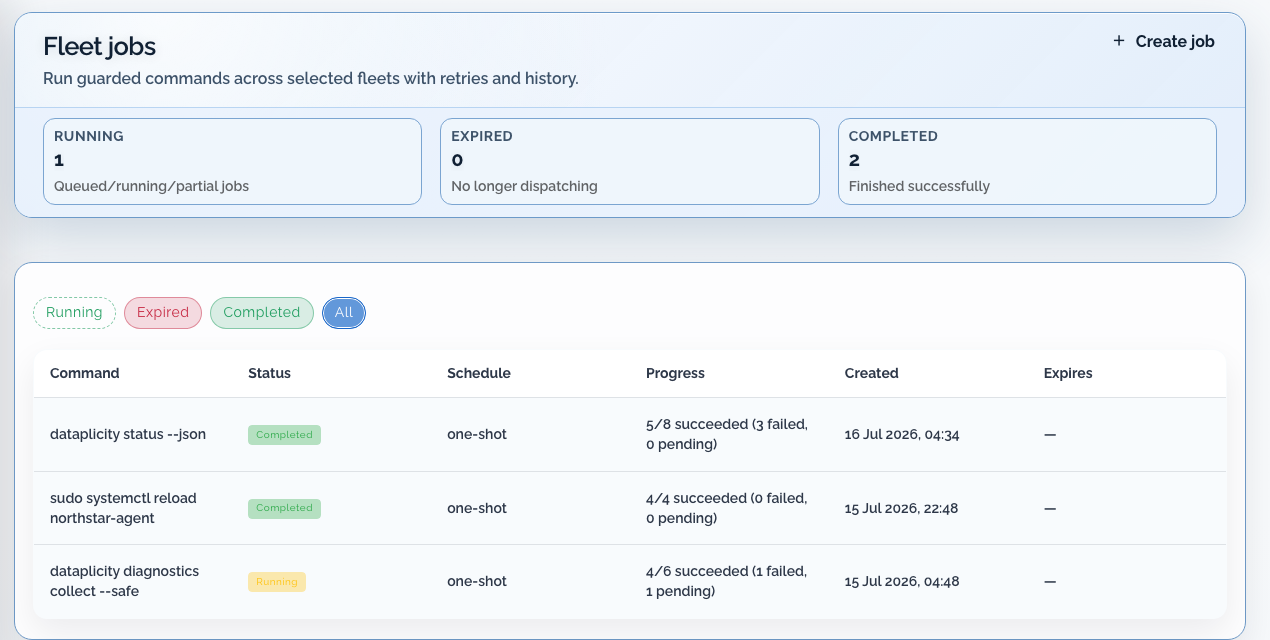 Northstar Fleet jobs view with running and completed commands and mixed per-target outcomes