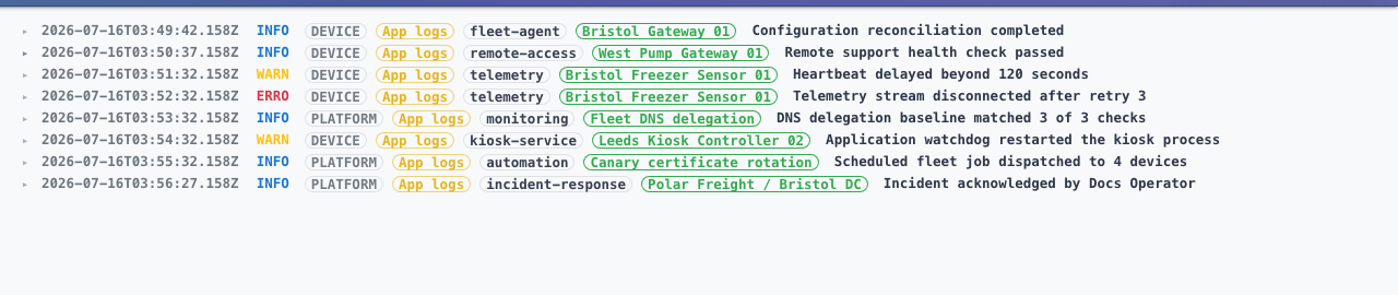 Northstar Logging stream with device and platform events for fleet-agent, remote-access, telemetry, monitoring, automation, and incident response