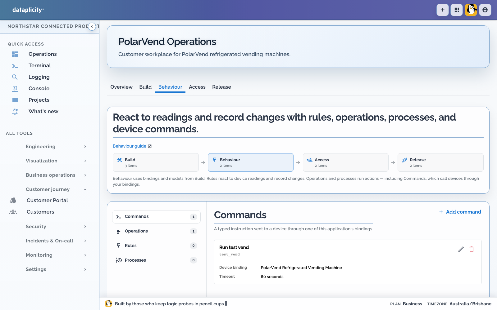 PolarVend Product Application Commands section showing the test-vend command mapped to the machine role