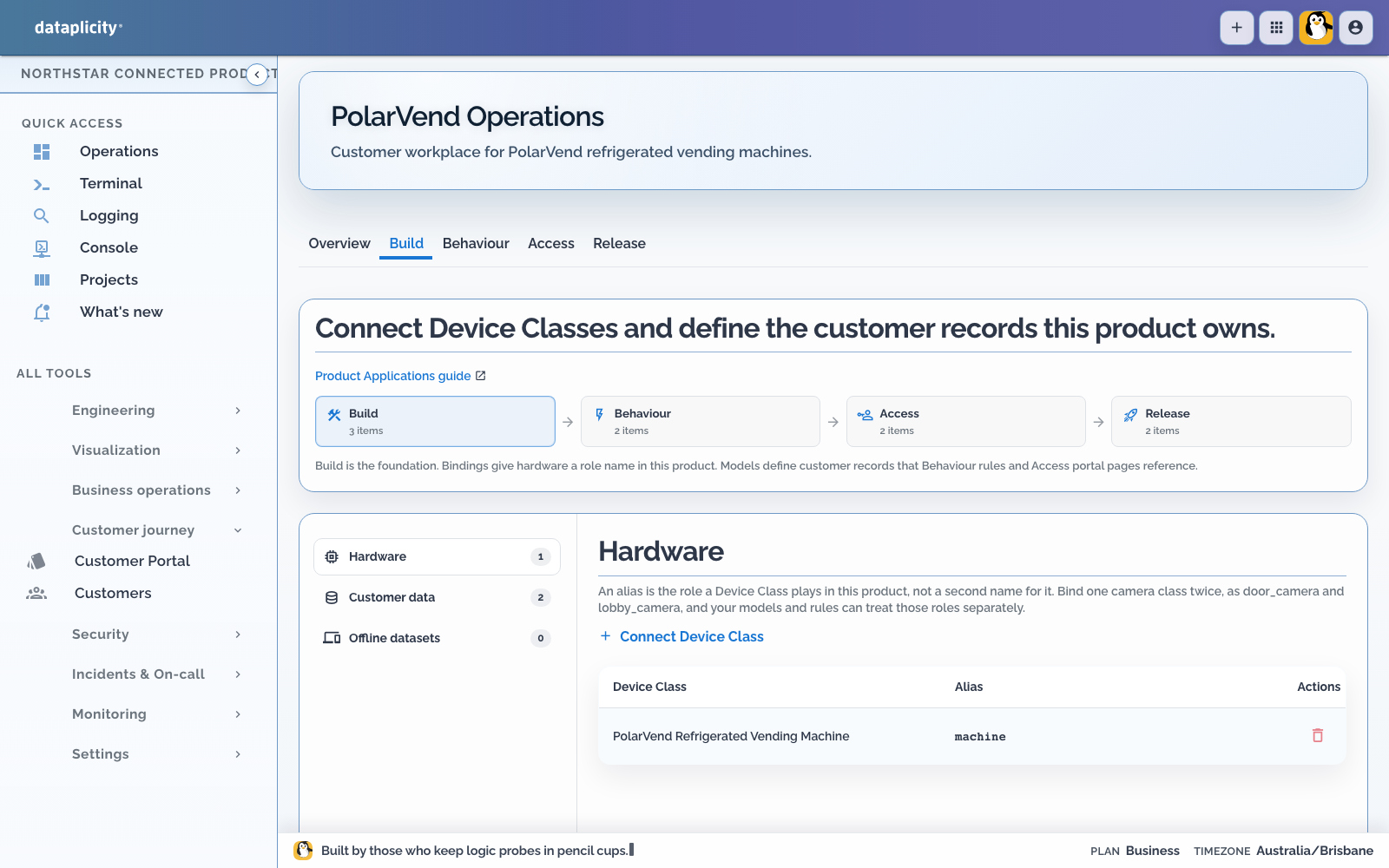 PolarVend Product Application Build Hardware section with its vending machine Device Class bound as the machine role