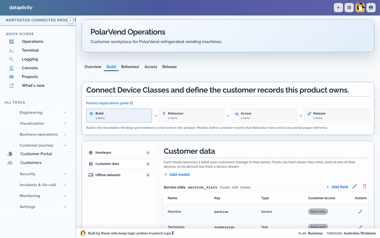 PolarVend Product Application Customer data section showing Service visits and Stock batches models