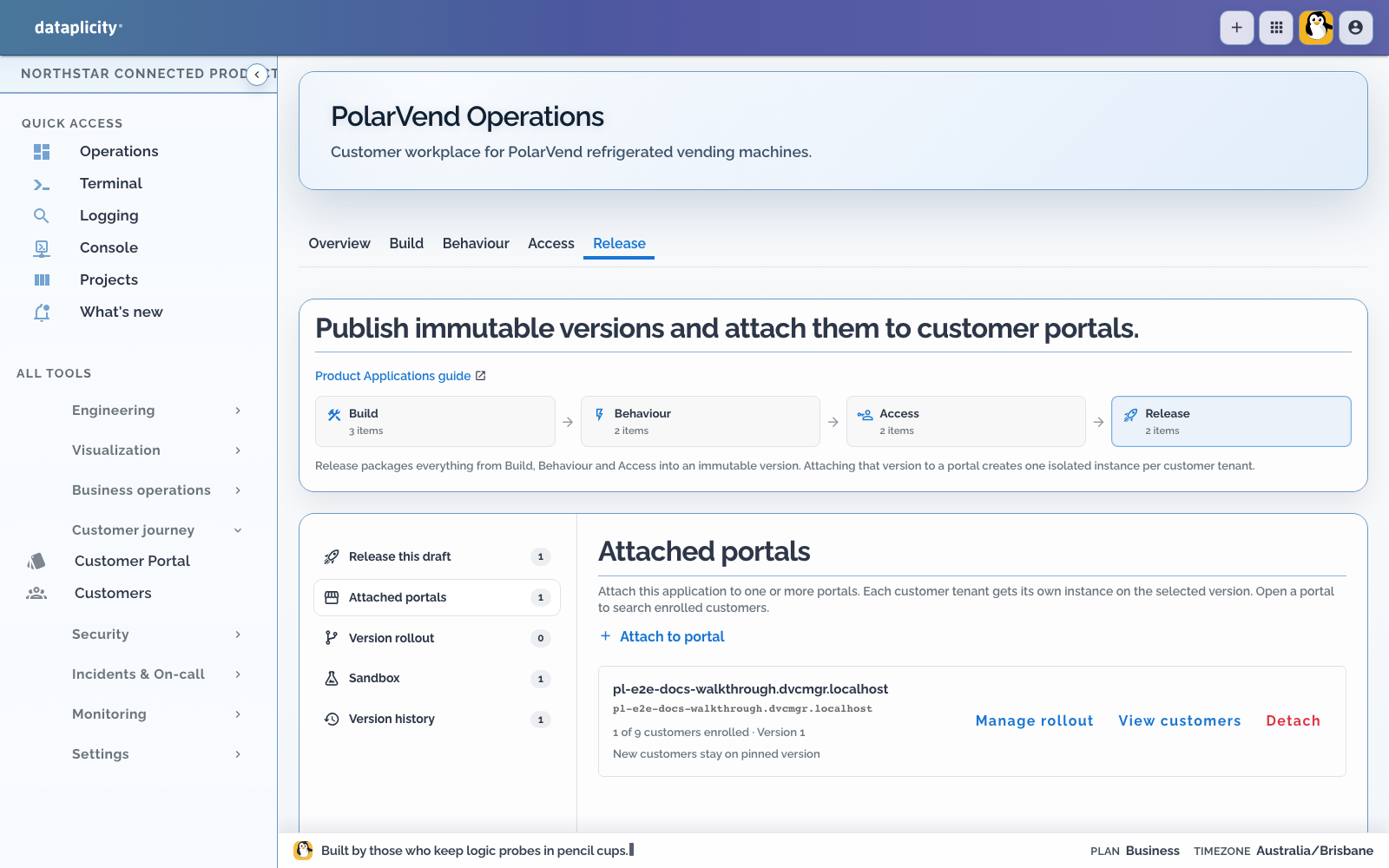 PolarVend Product Application Attached portals section showing the published application attached to its customer portal