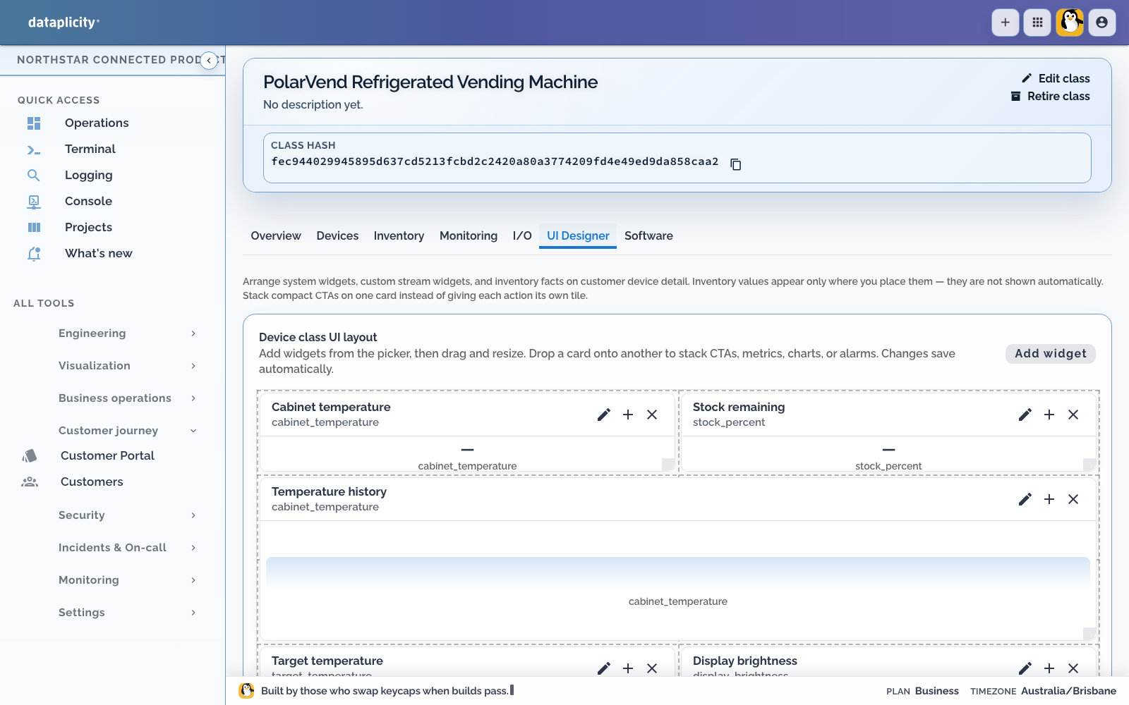 PolarVend UI Designer with metric, chart, setting, slider, and test-vend tiles arranged for the customer device page