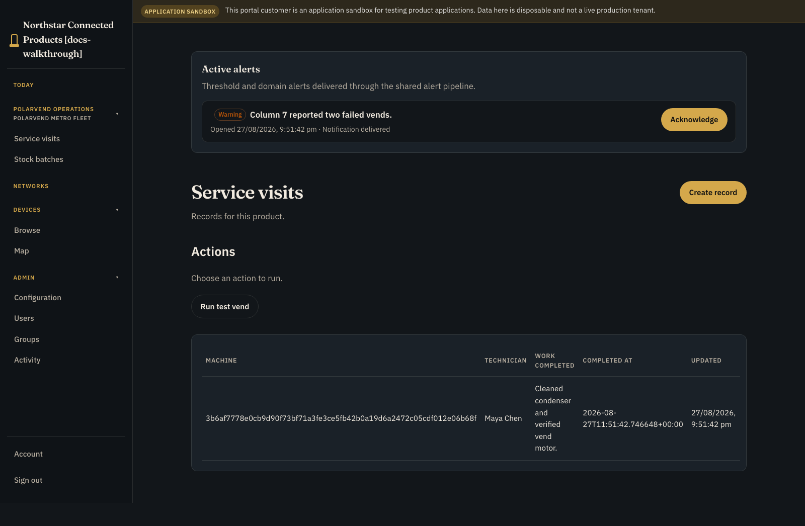 PolarVend application overview with a failed-vend alert, acknowledge action, test-vend action, and Service visits table