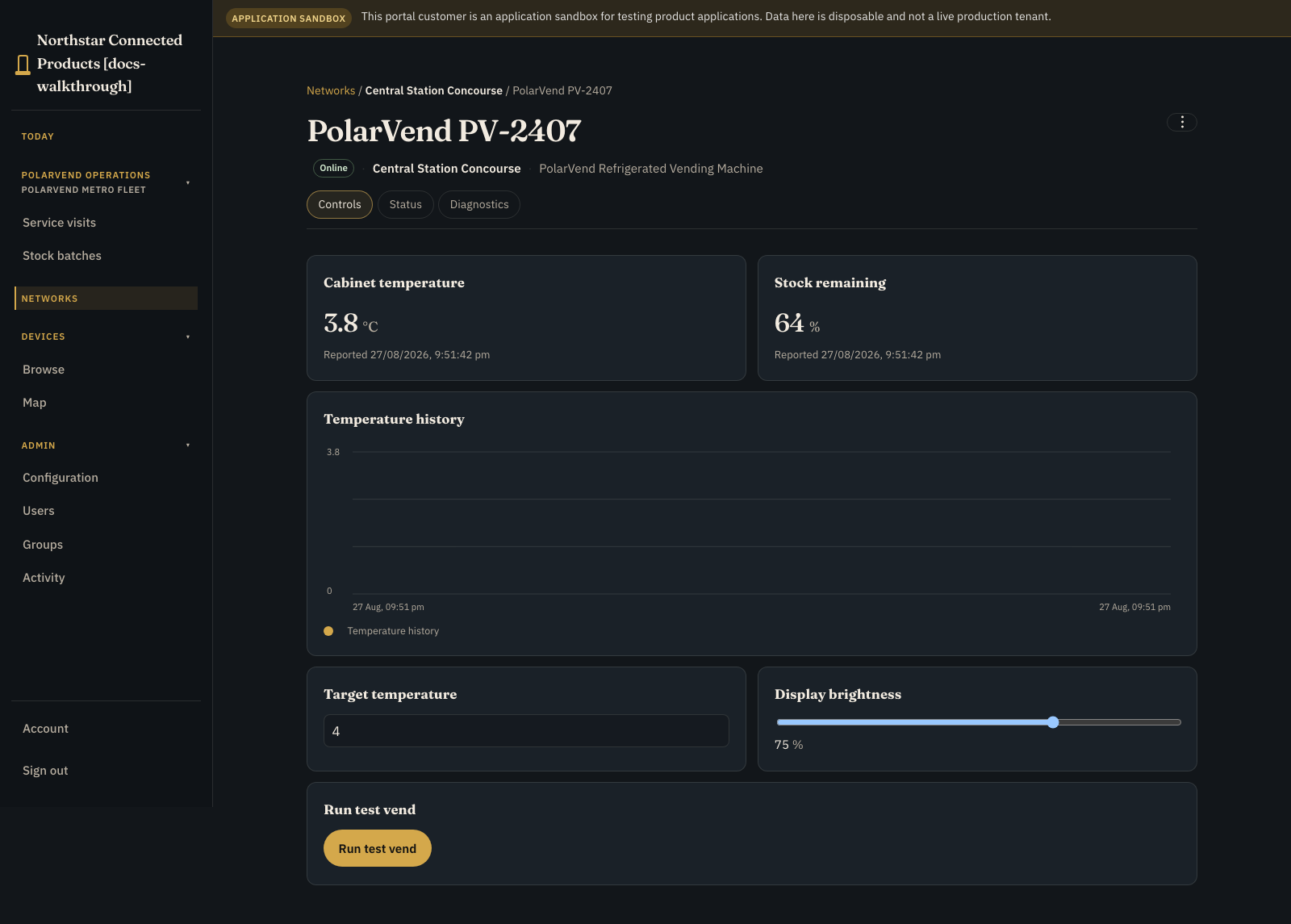 Finished PolarVend device Controls page with cabinet temperature, stock remaining, temperature history, target temperature, display brightness, and a test-vend action