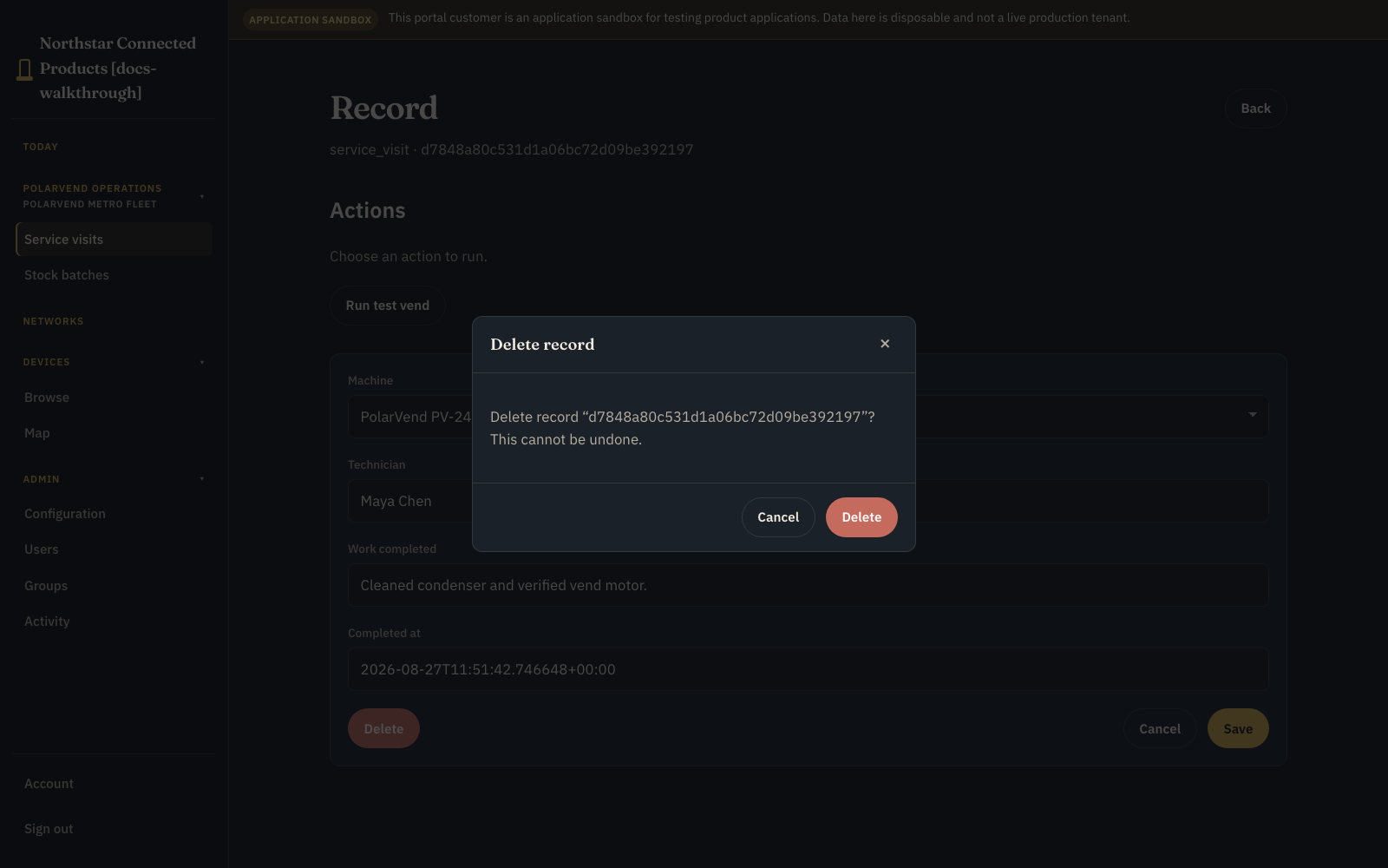 PolarVend Delete record confirmation with Cancel followed by a red Delete action