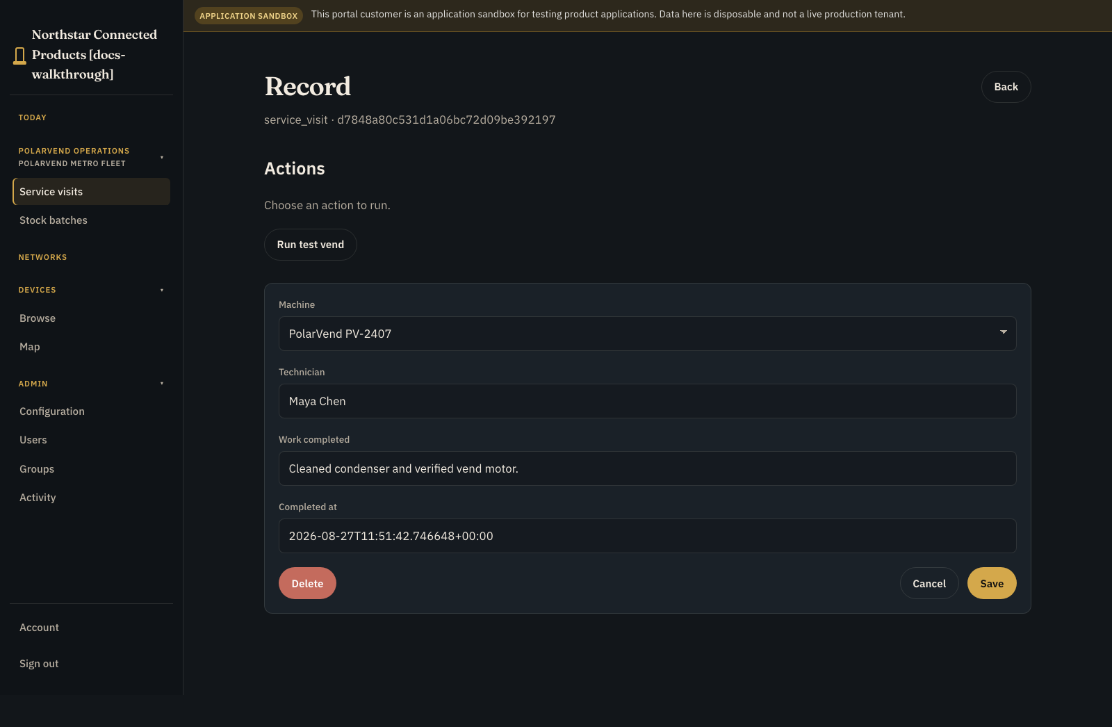 PolarVend Service visit detail with machine, technician, completed work, timestamp, Delete, Cancel, and Save actions