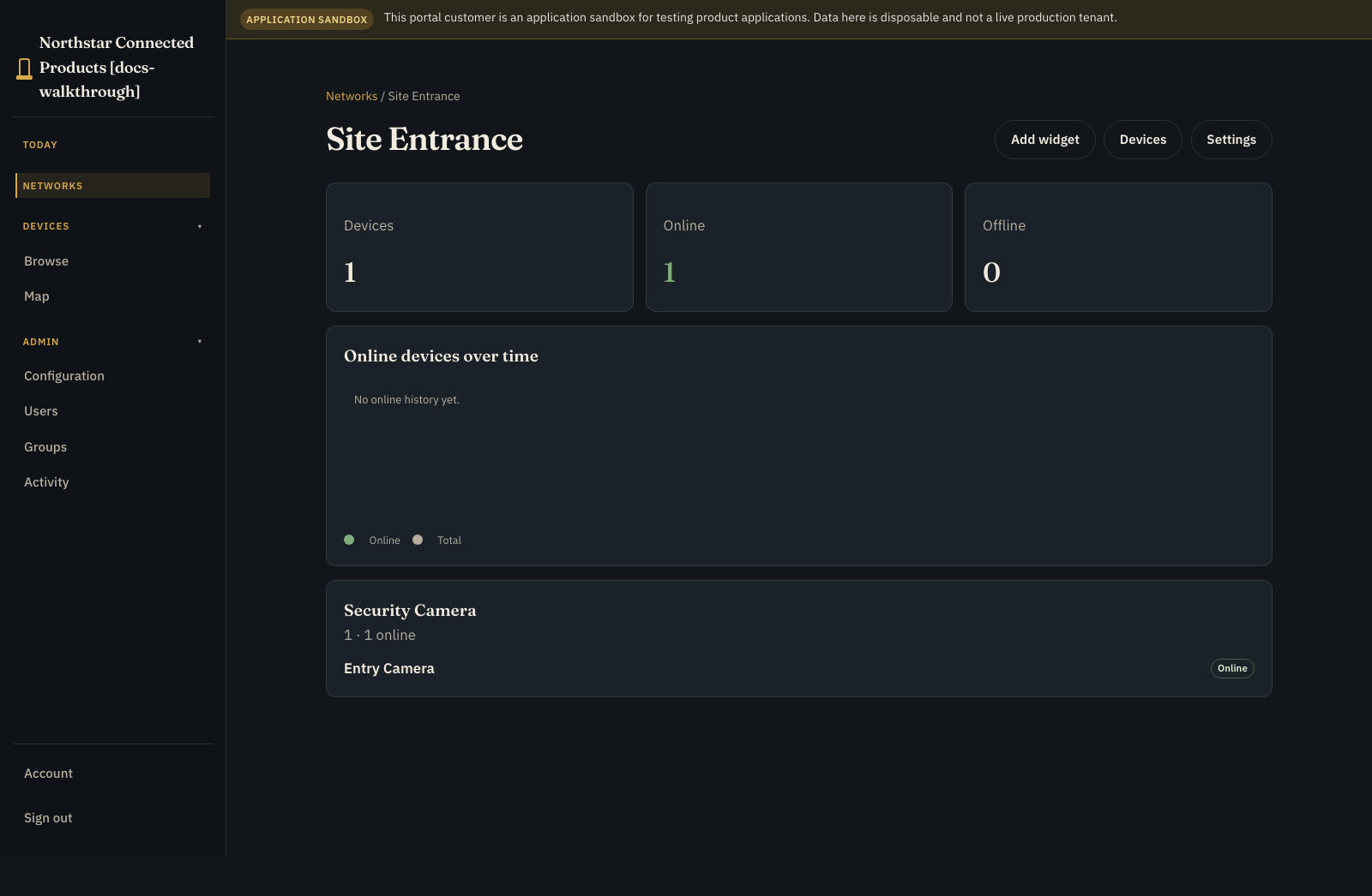 Network detail page for a customer site with device and application context