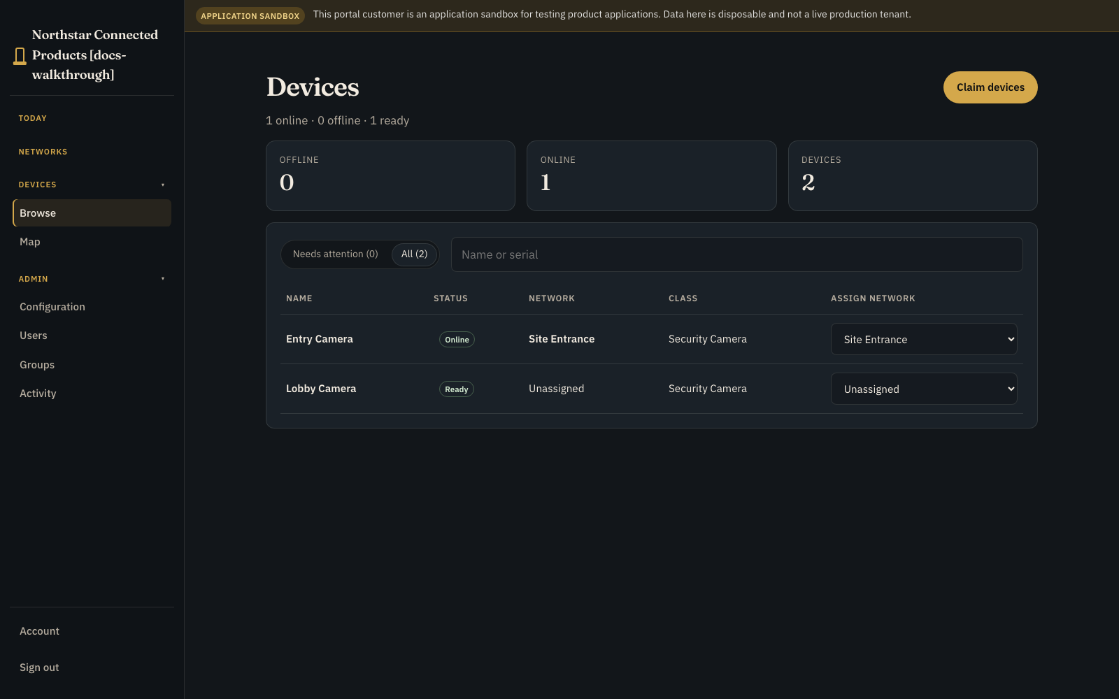 Devices inventory showing assigned and unassigned device placement