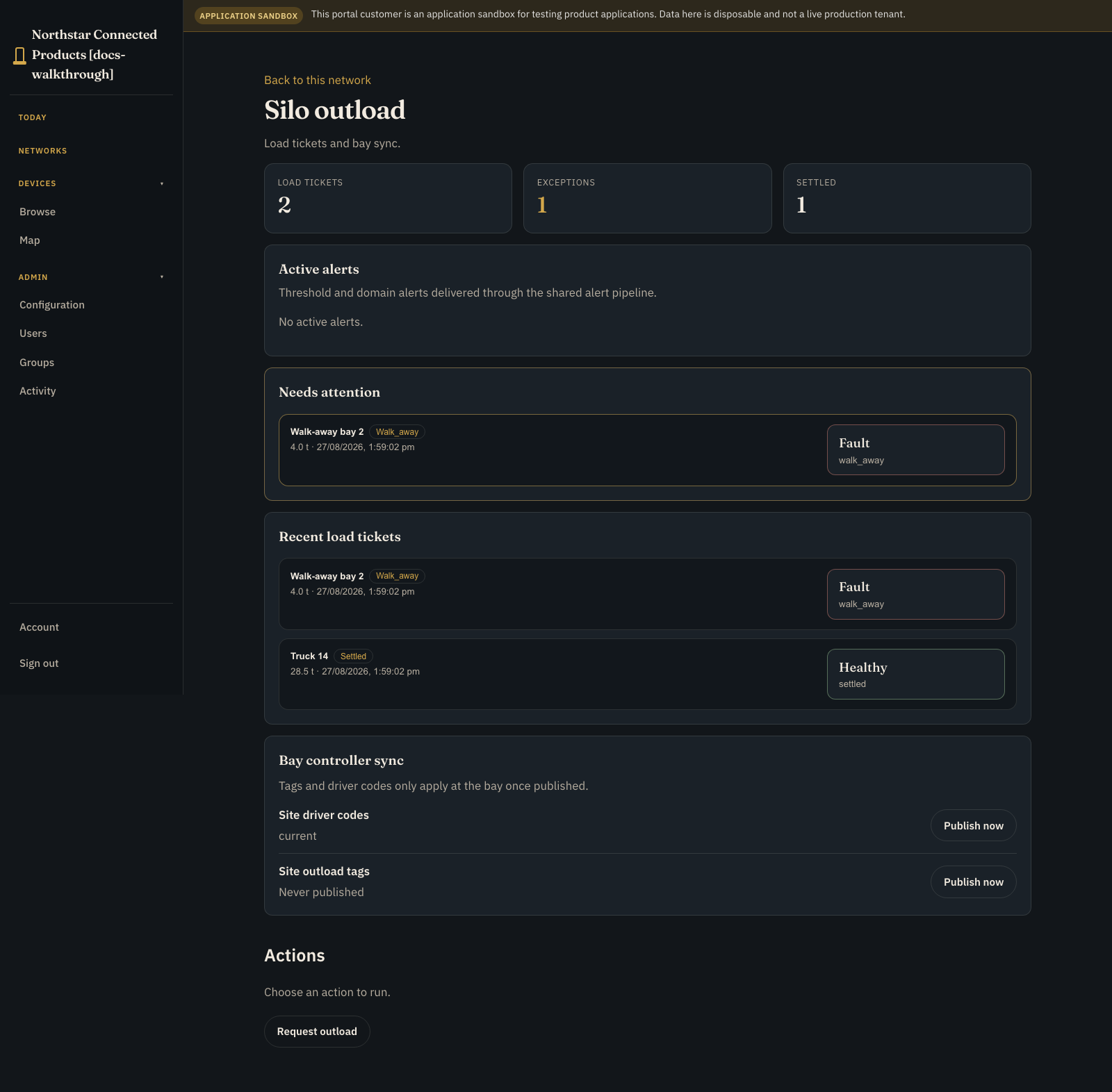Silo outload workplace showing load tickets and bay sync